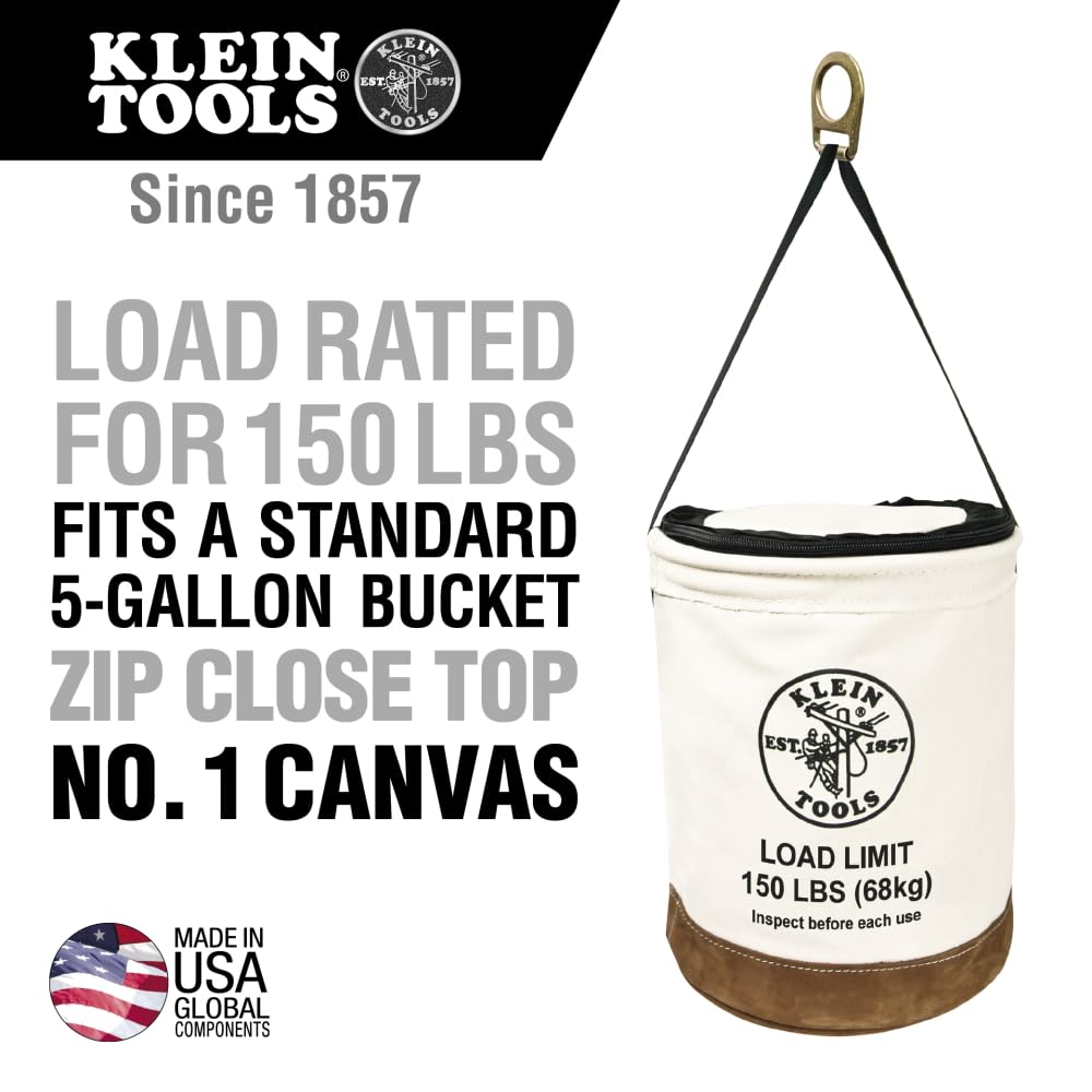 Klein Tools 5104CLR22 Heavy Duty Canvas Bucket with Top Zipper Closure - 22-Inch, 150-Pound Capacity - Ideal for Construction, Gardening & Industrial Use