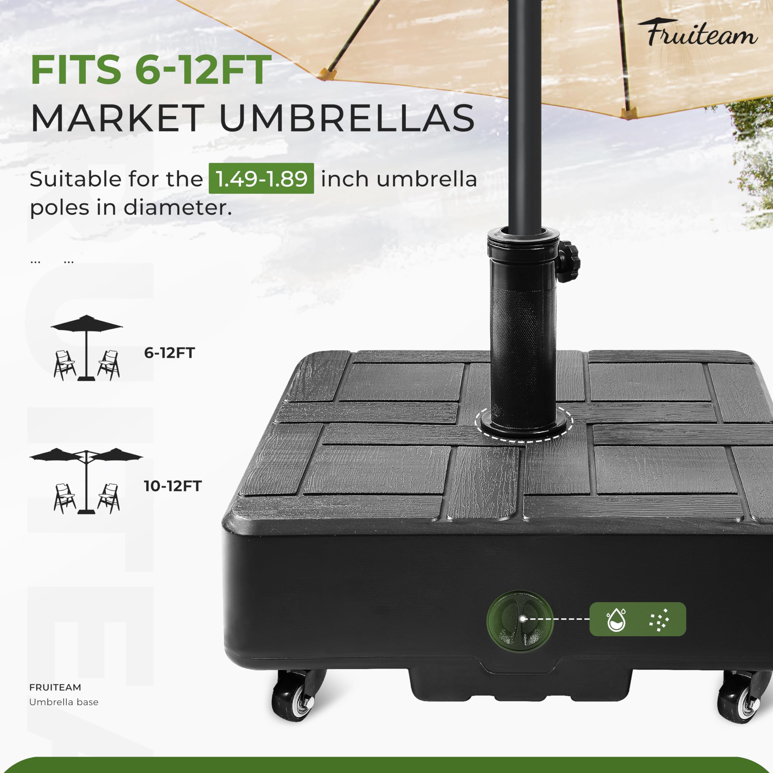 FRUITEAM 155lb Heavy Duty Fillable Portable Umbrella Base with 4 Wheels - Wind-Resistant Square Market Stand for Patio, Deck & Outdoor Use - Includes 2 Locks & 1 Knob - Perfect for Commercial Events, Backyard BBQs and Beach Parties