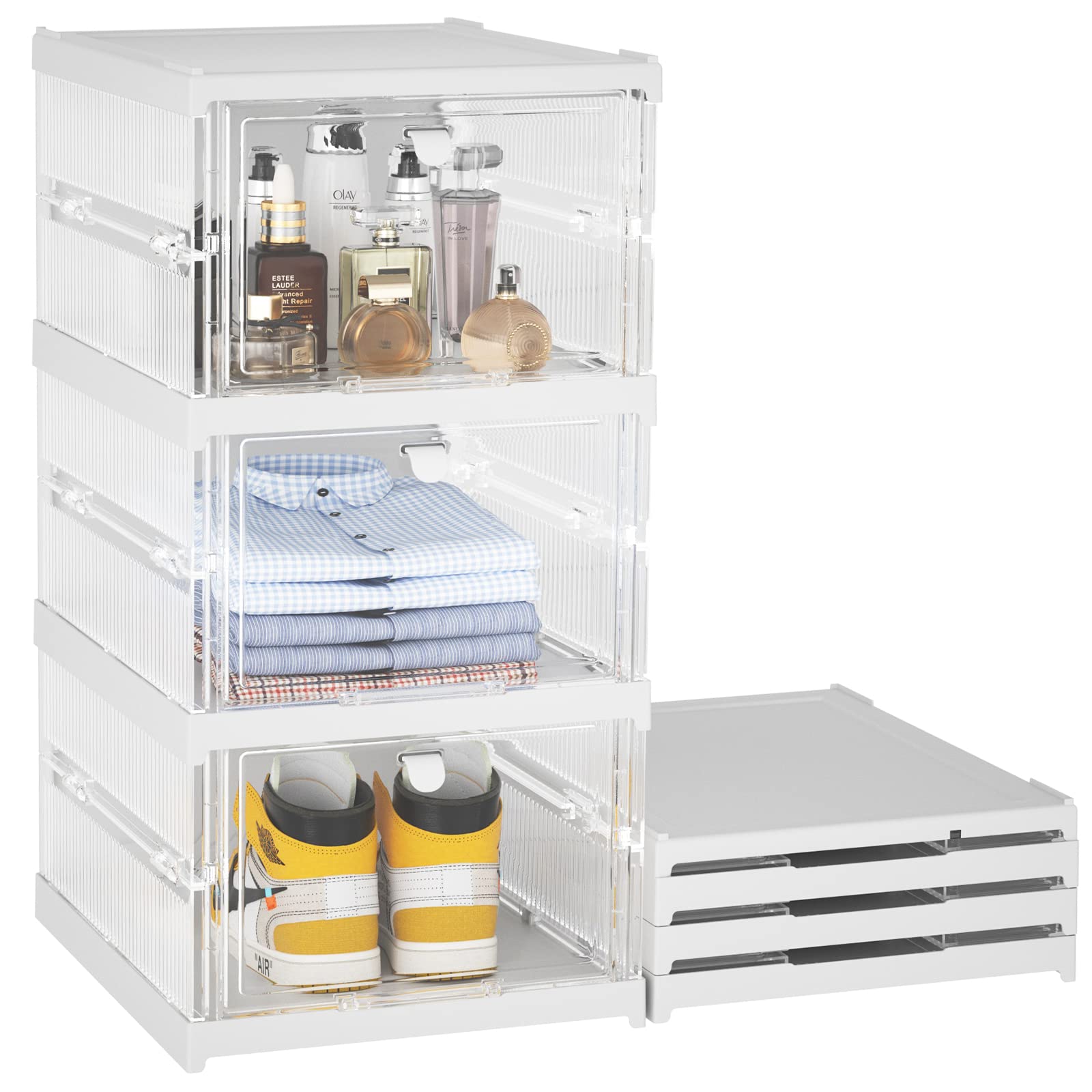 Plastic Storage Bins with Lids - 3-Tier Stackable Shoe Organizer Box | Collapsible & Foldable Sneaker Storage Container for Closet, Bedroom & Entryway Organization