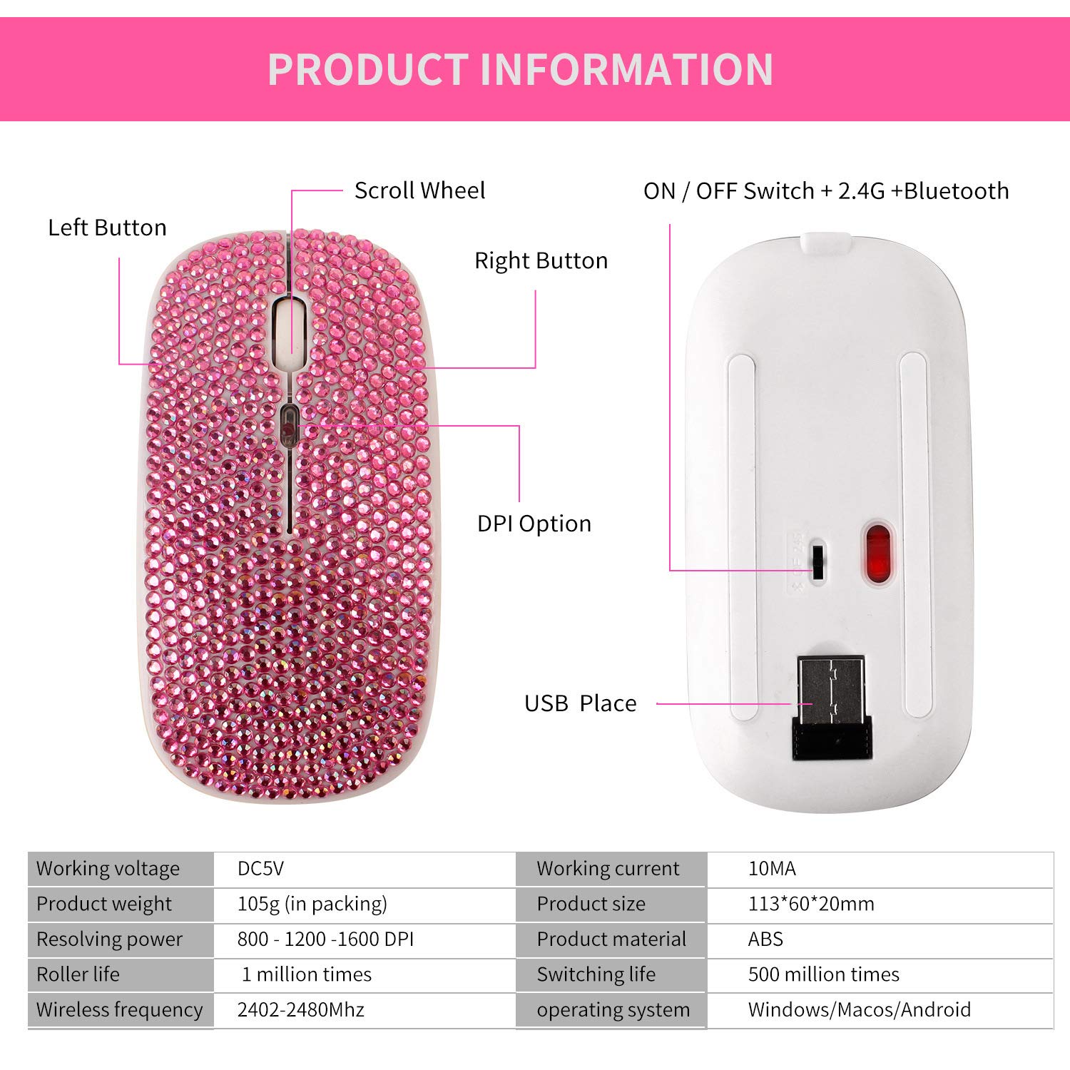 Wireless Bluetooth Mouse with USB Receiver - 2.4GHz Rechargeable Slim Mouse for Laptop, PC, MacBook - Sparkling Pink Design - Perfect Gift for Women & Girls (Home, Office, Travel Use)