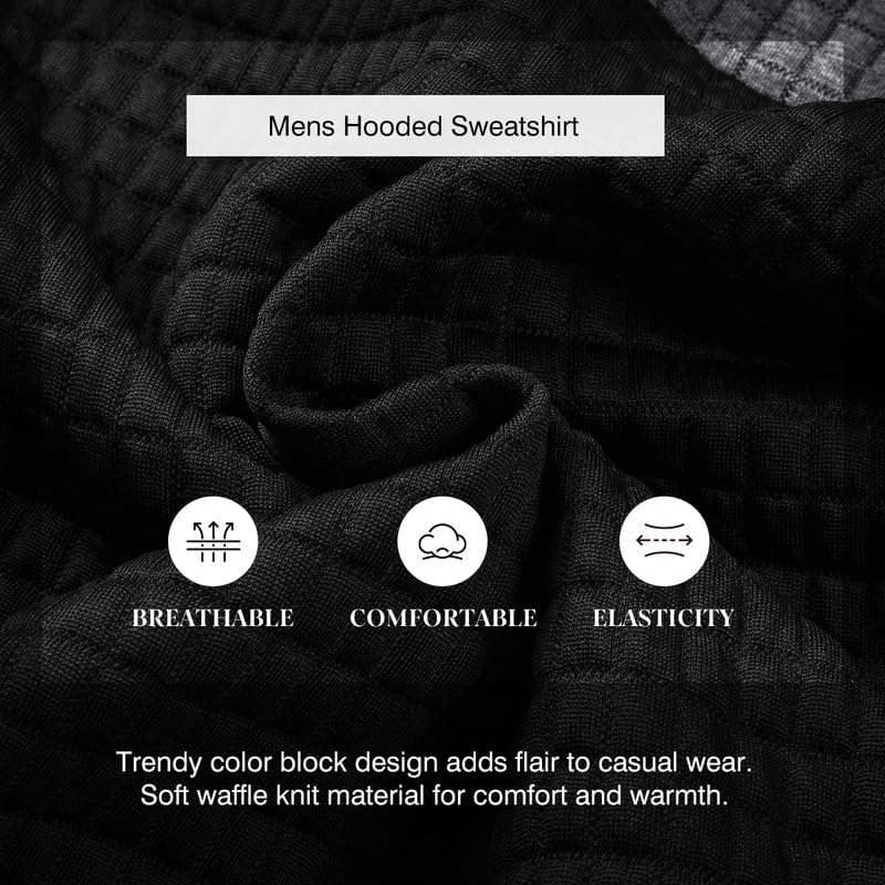 Men's Casual Hooded Waffle Knit Sweatshirt with Drawstring & Pockets | Color Block Long Sleeve Pullover for Streetwear & Loungewear