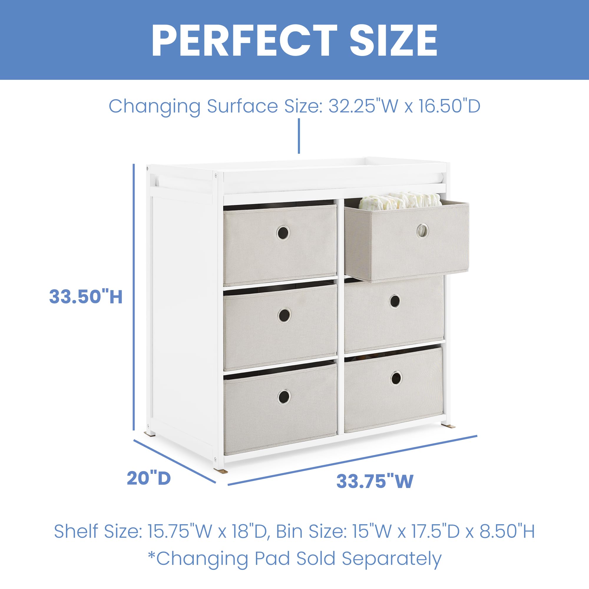Delta Children Hayes Changing Table & Dresser - 6 Fabric Drawer Nursery Organizer in Bianca White/Flax Bins | Baby Changing Station with Storage for Diapers, Wipes & Clothes | Perfect for Nursery, Bedroom & Baby Shower Gifts