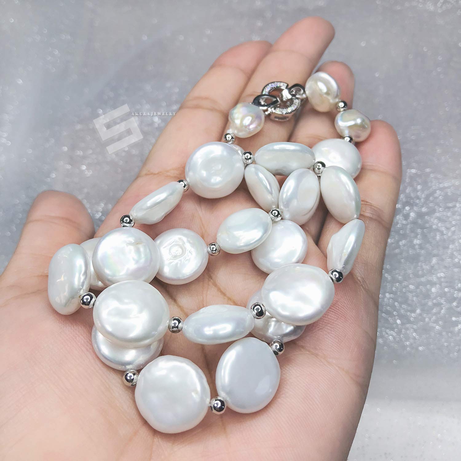 Elegant Coin Pearls & Sterling Silver Choker Necklace – Freshwater Cultured Biwa Pearls with Secure Silver Clasp | Perfect for Bridal, Wedding, and Special Occasions