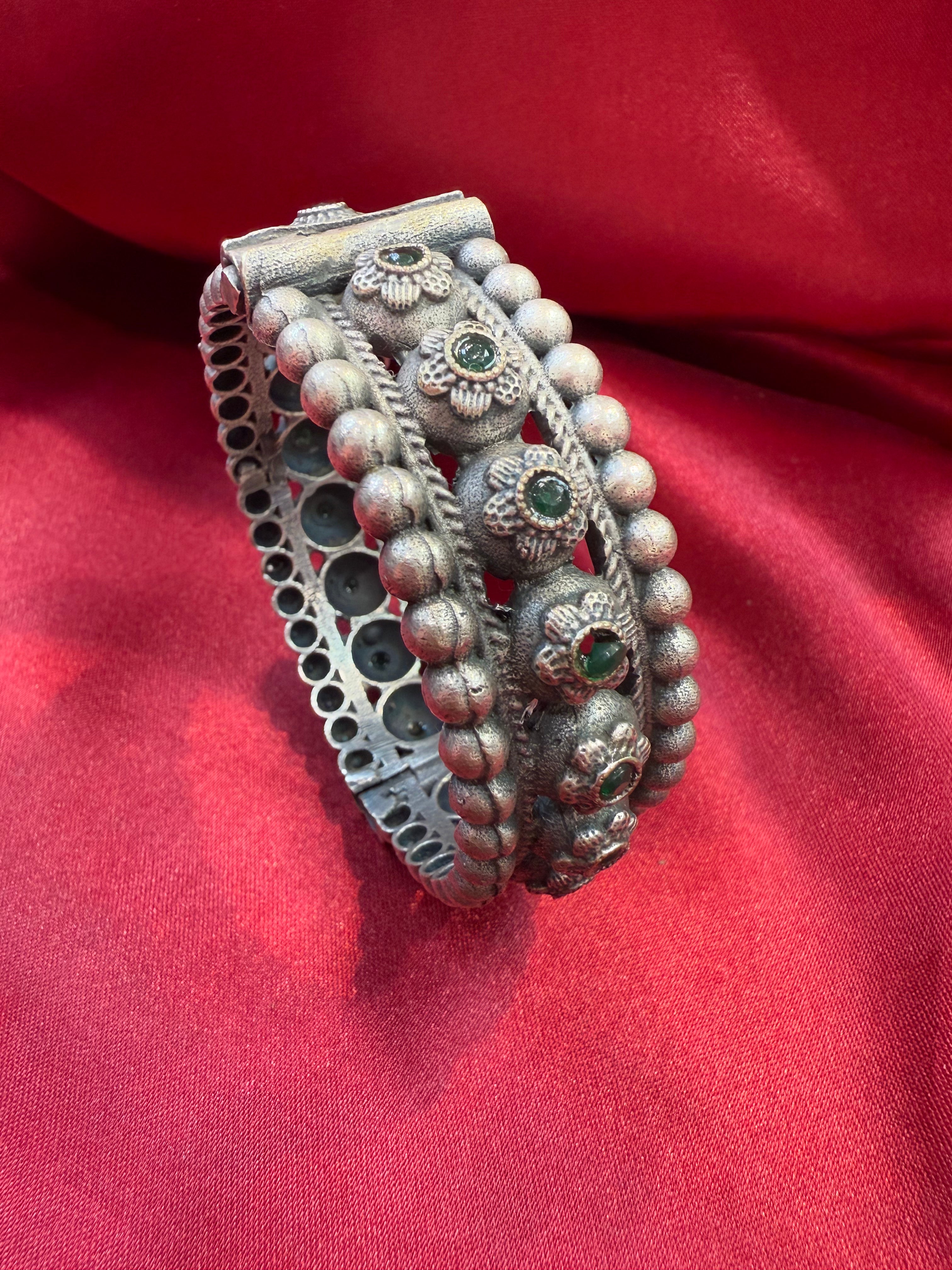 Exquisite Tribal Oxidized Silver Ethnic Open Bridal Kada Cuff Bracelet with Green Stone - Perfect for Boho Weddings, Festival Fashion & Cultural Jewelry Collections