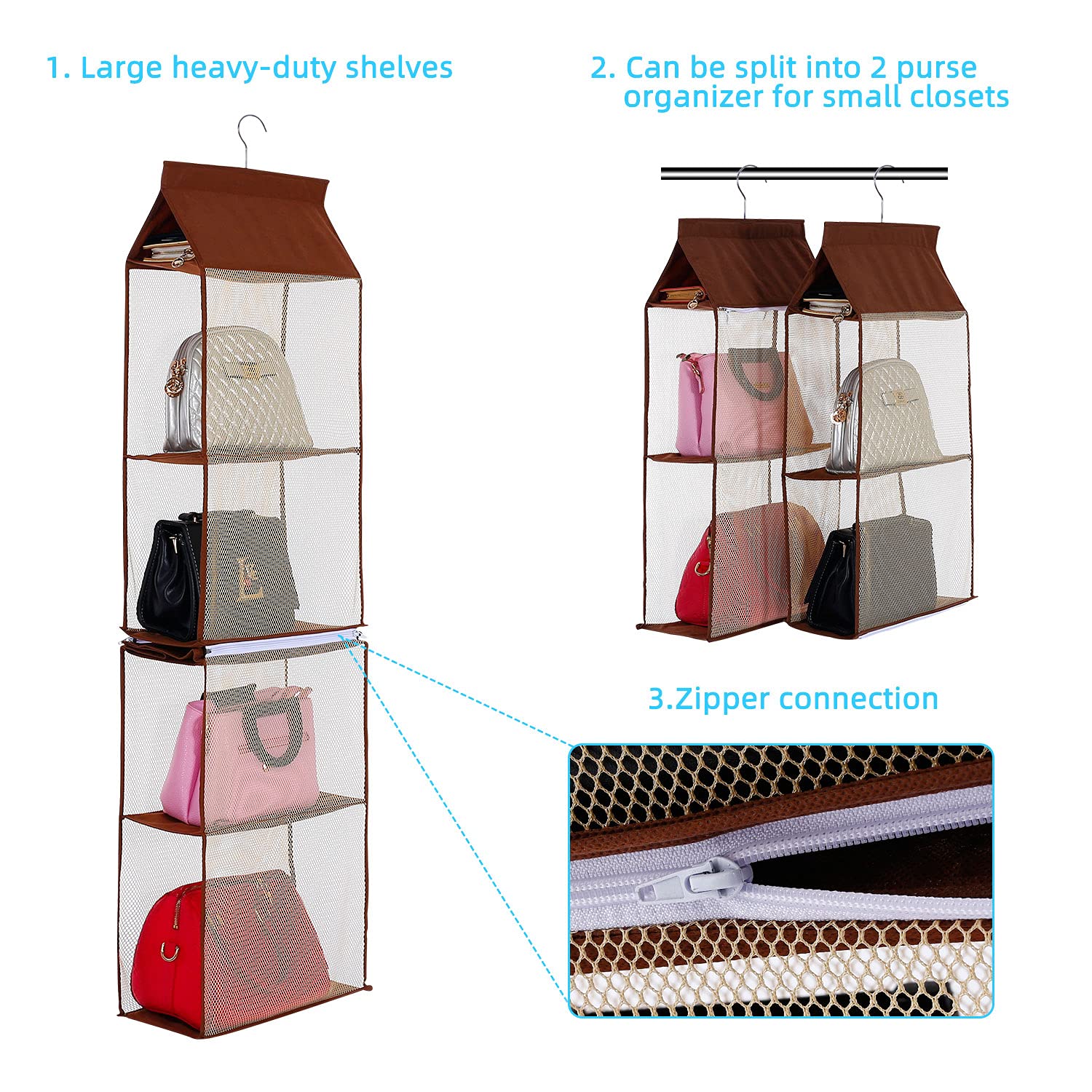 Keepjoy Hanging Handbag Organizer - 4-Tier Heavy Duty Mesh Closet Purse Storage with Detachable Design for Handbags, Purses & Accessories (Brown) - Perfect for Bedroom, Closet & Dorm Organization