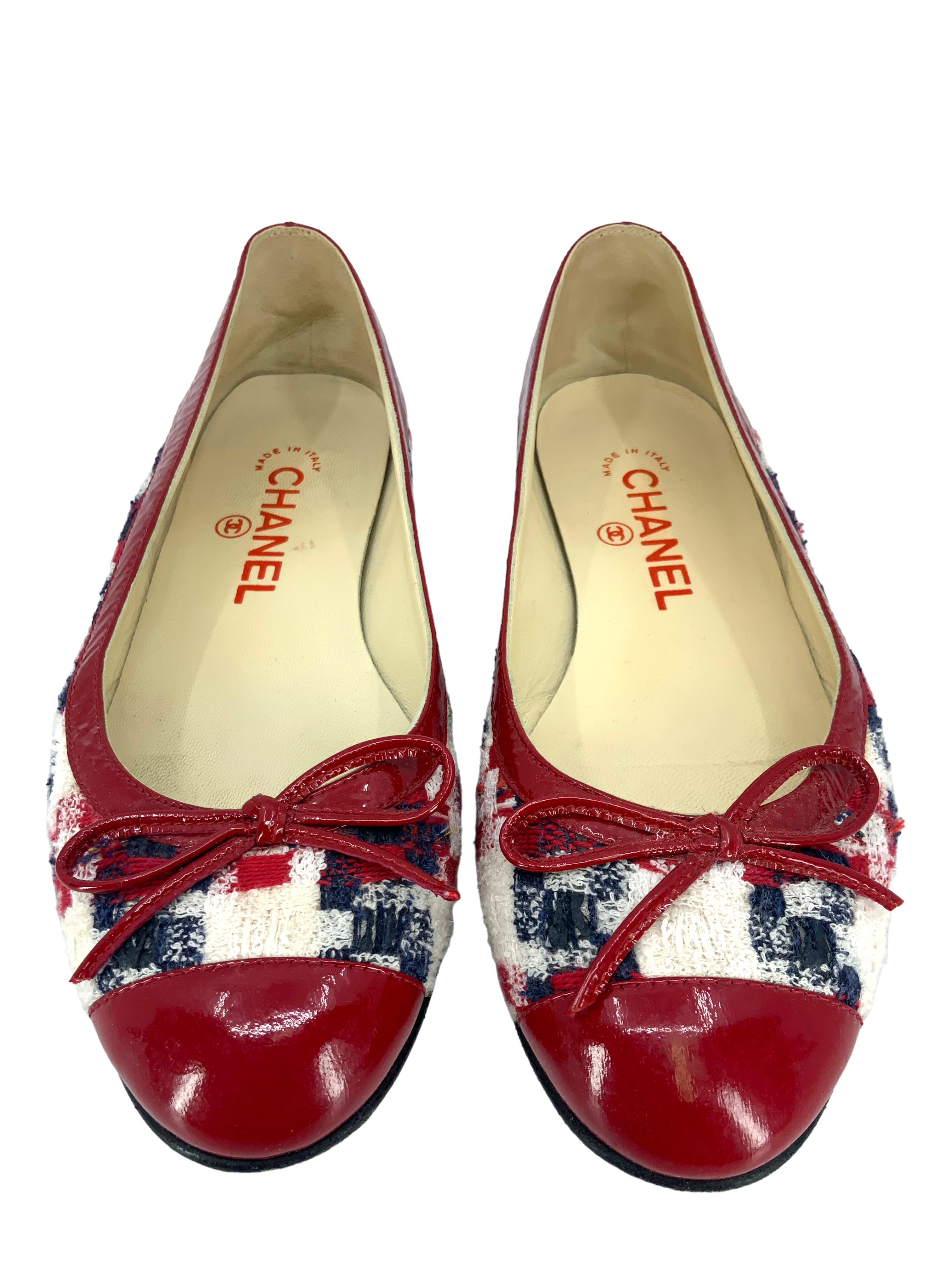 Chanel Tweed and Patent Leather Cap Toe Ballet Flats - Women's Size 7 US | Classic Luxury Flats for Work, Parties & Special Occasions