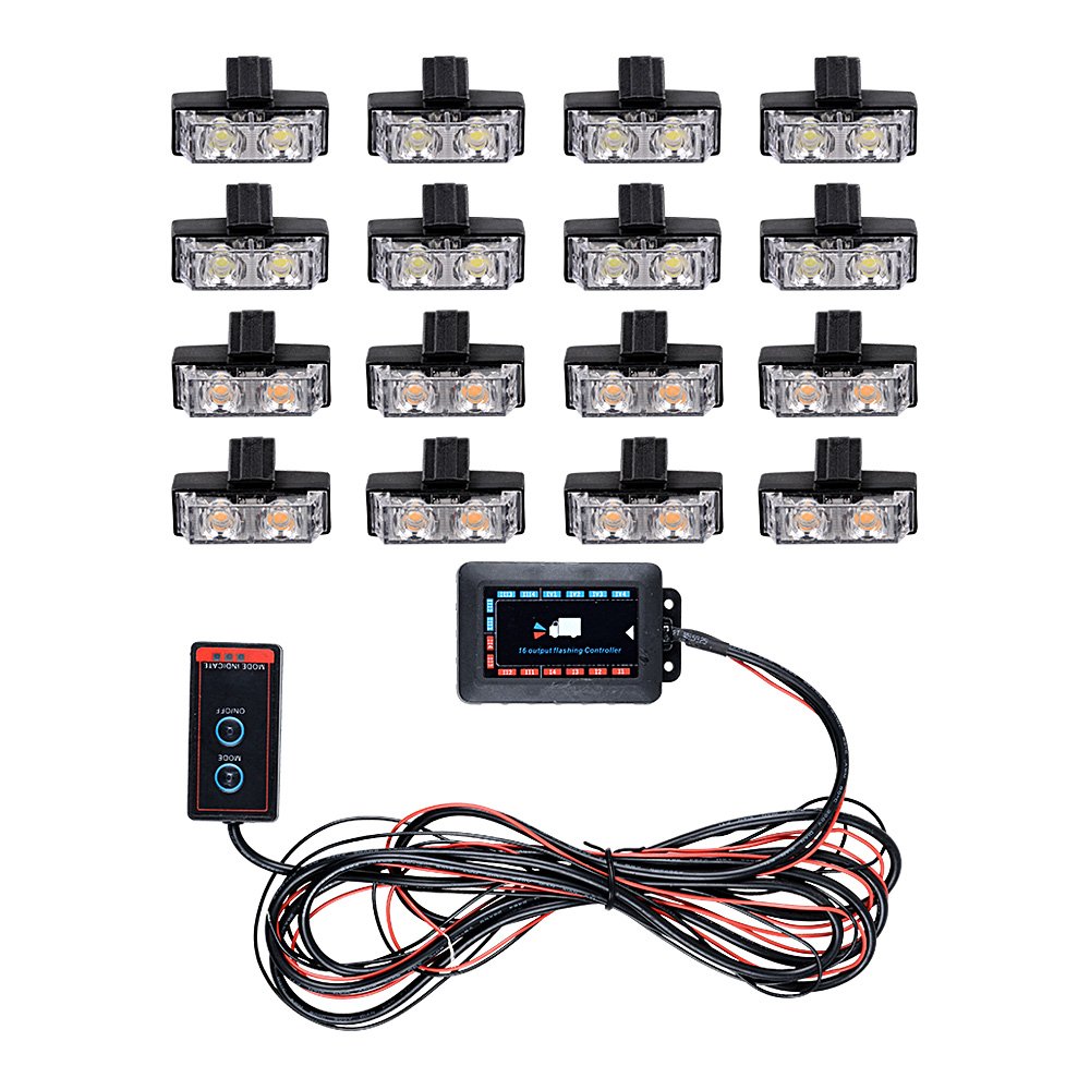16pcs 2-LED Amber White Emergency Warning Flashing Strobe Light Bar Kit for Trucks, Trailers, RVs - Heavy Duty Hazard Safety Lights for Roadside Emergencies, Construction Vehicles & Off-Road Use