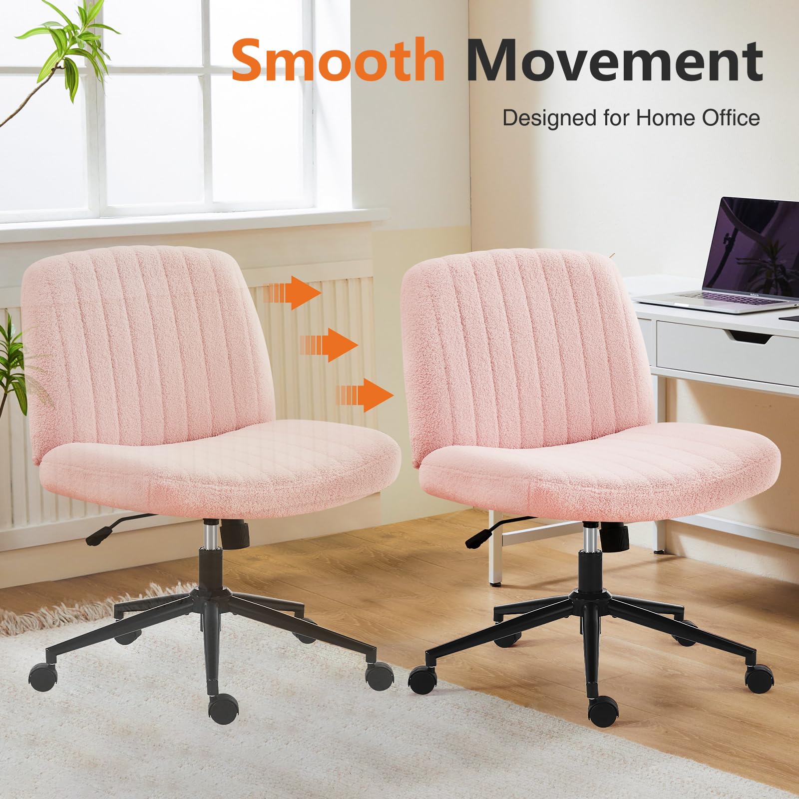 Sweetcrispy Criss Cross Chair Legged Armless Office Desk Chair with Wheels - Swivel, Height Adjustable, Wide Seat Computer Task Chair for Home & Office - Teddy Pink - Perfect for Workstations, Gaming & Study Spaces