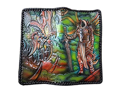 Handcrafted 3D Genuine Leather Wallet for Men - Tyrael Warrior Design, Long Biker Wallet with Hand-Carved & Hand-Painted Detailing | Custom Personalized Leather Wallet for Everyday Use, Gift Giving & Motorcycle Enthusiasts
