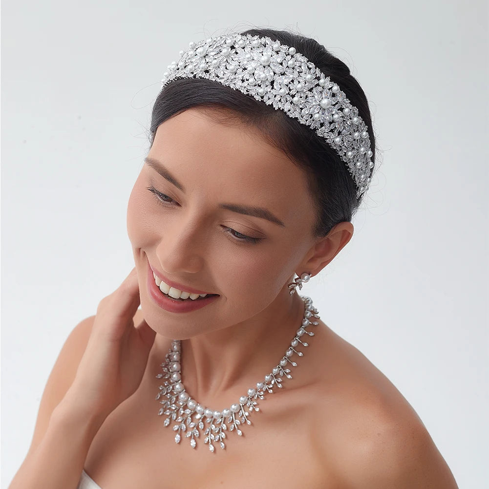 Luxury Bridal Pearl Headband with Crystal Tiara - Wedding Flower Crown for Bride, Bridesmaids & Special Occasions - Perfect for Ceremonies, Photos & Prom