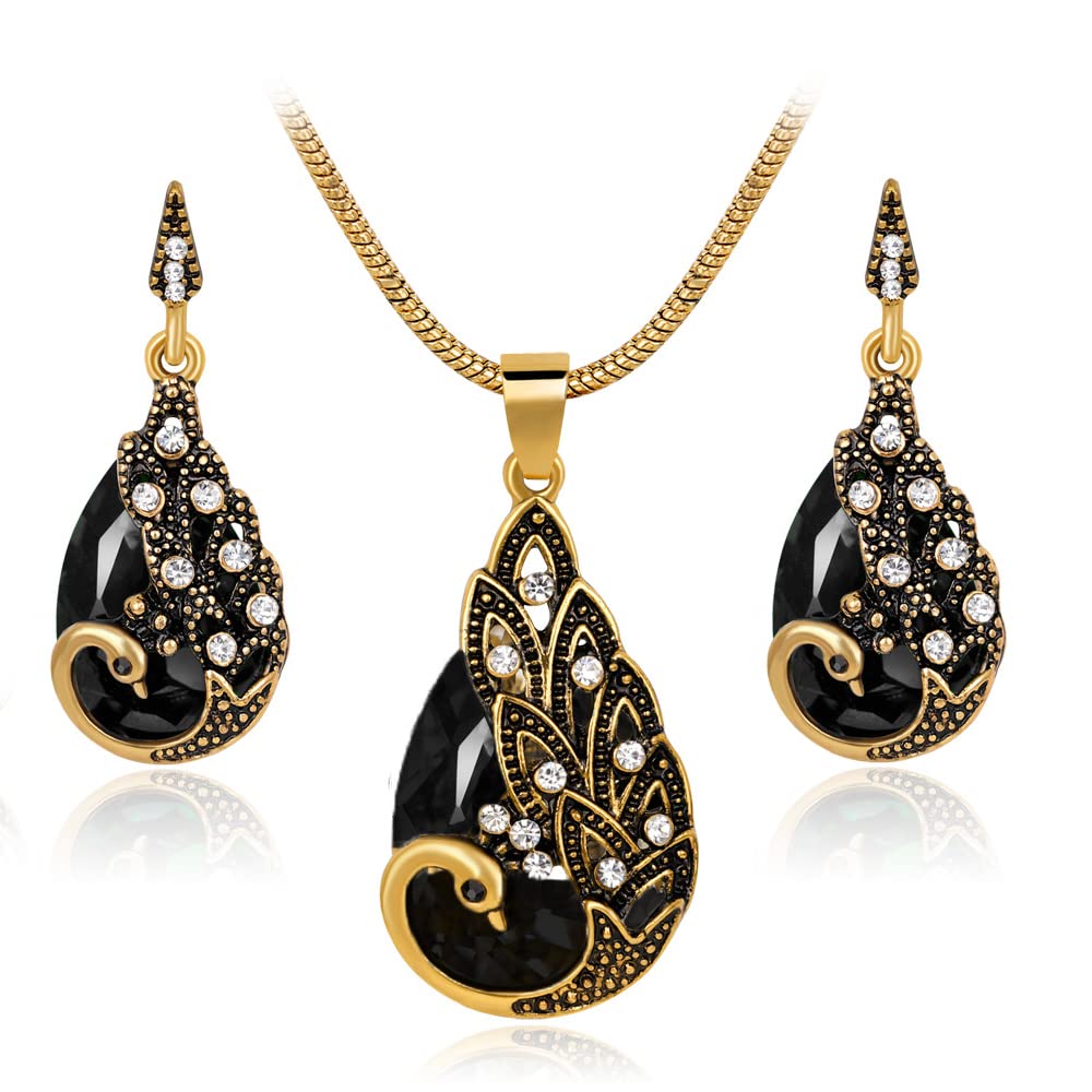 Vintage Gold Plated Green Peacock Jewelry Set for Women - Elegant Pendant Necklace & Earrings Gift Set - Perfect for Parties, Weddings & Special Occasions