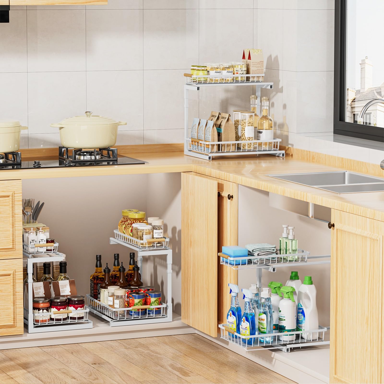 **Delamu 2-Tier Pull Out Under Sink Organizer - 2 Pack Slide Out Cabinet Storage Shelf for Kitchen, Bathroom & Pantry - Perfect for Spice Racks, Cleaning Supplies & Toiletries**