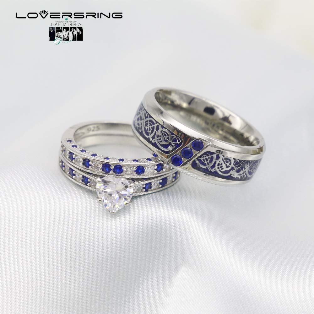 His and Hers Wedding Ring Sets - 925 Sterling Silver & Tungsten Carbide Couples Bands with Heart CZ, Brushed Finish - Perfect for Engagements, Anniversaries, and Romantic Gifts