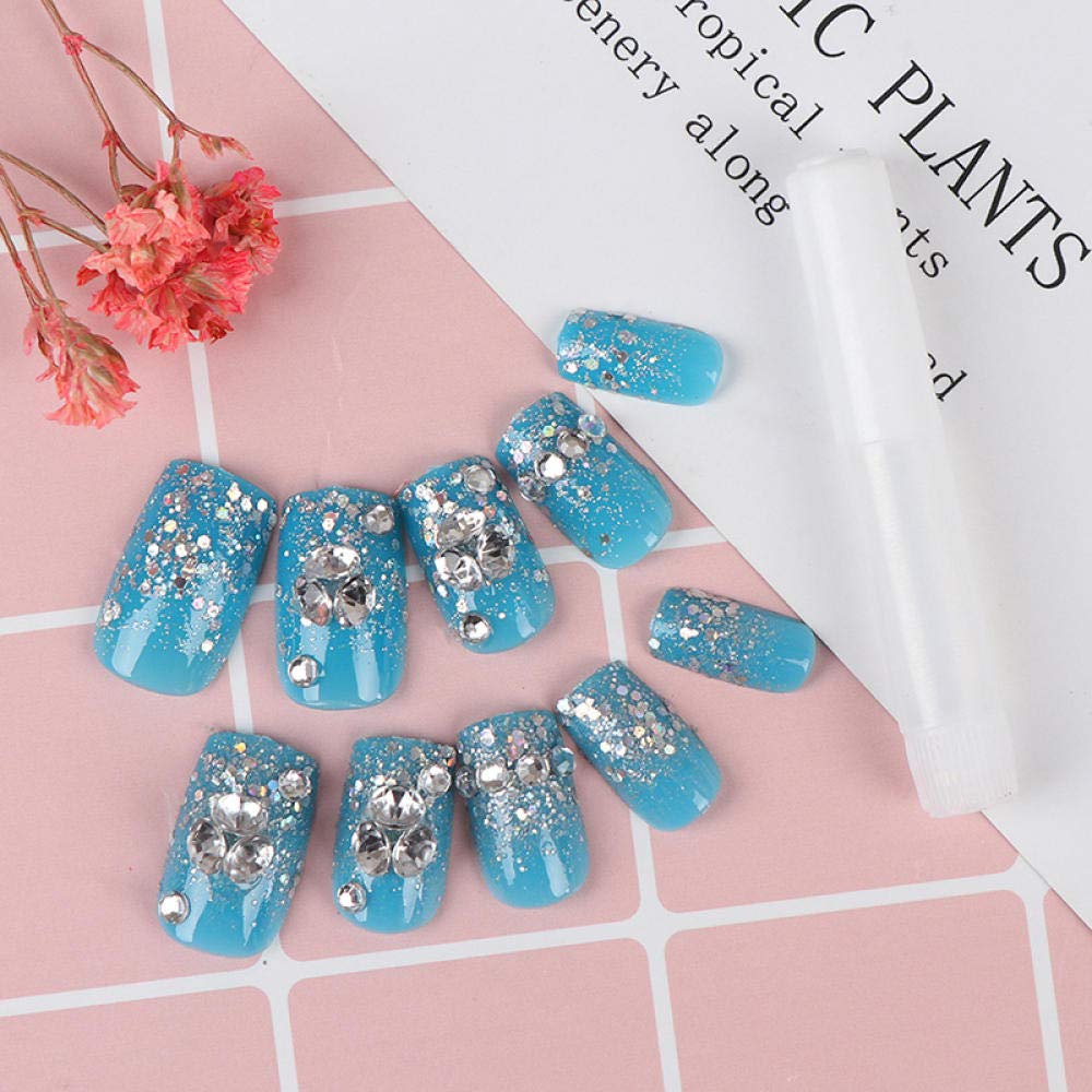 HUJL False Nails - Short Rhinestone Wedding Fake Nails for Bride, 3D Copper Blue Artificial Nail Tips with Full Wrap Design | Perfect for Bridal Showers, Weddings, and Special Occasions