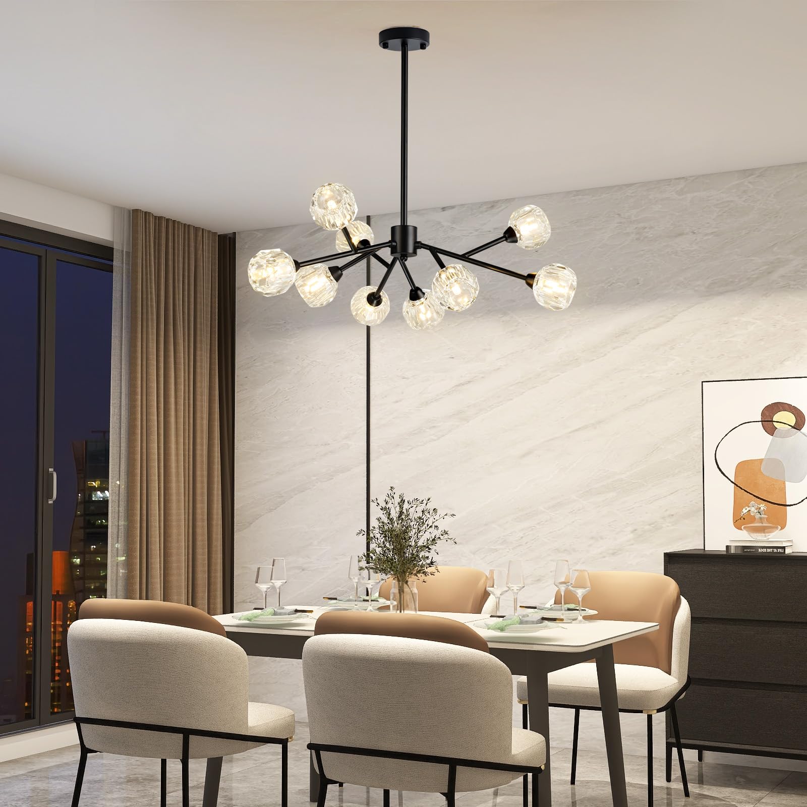Modern Black Crystal Chandelier - 9-Light Sputnik Fixture for Dining Room & Kitchen Island