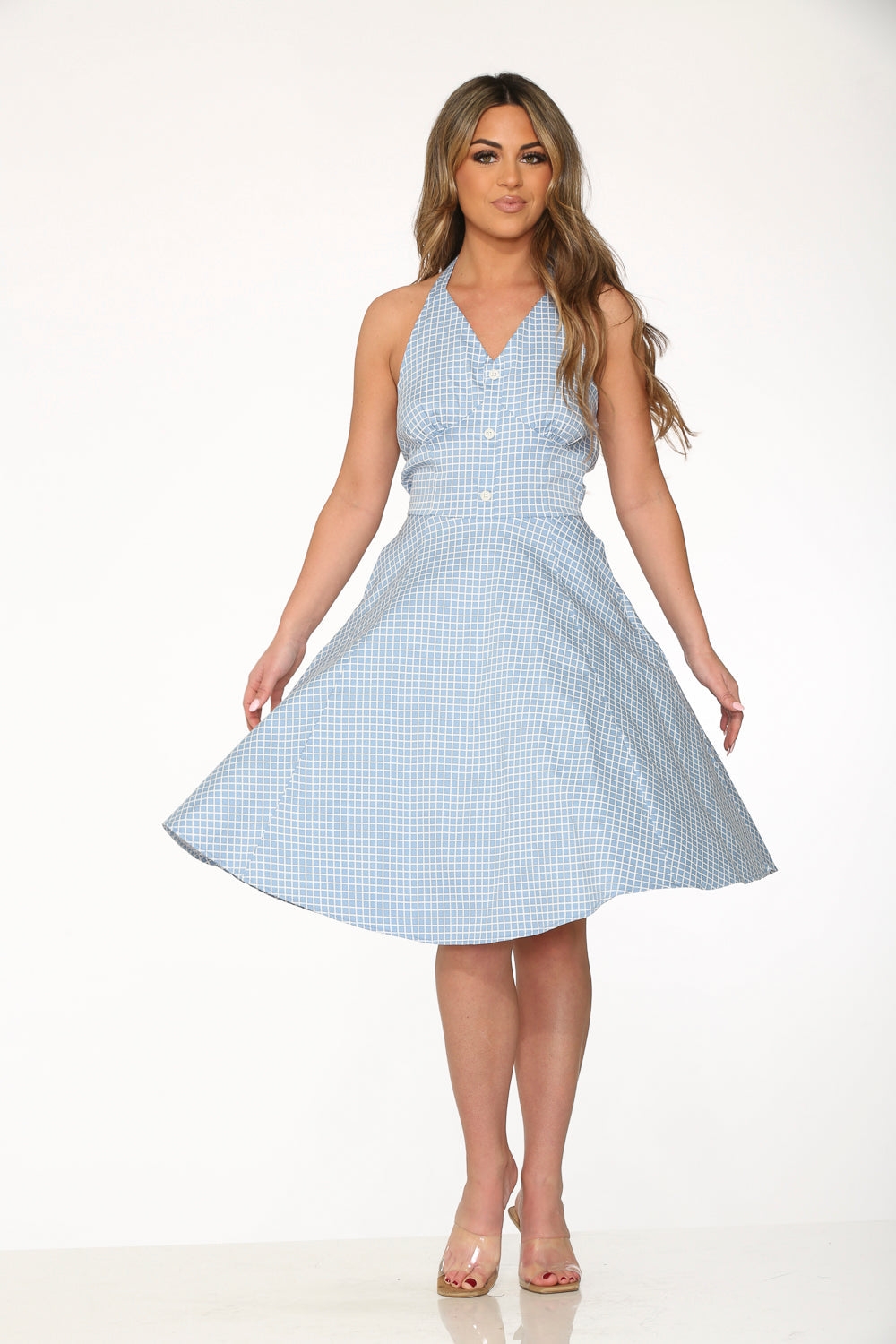 Blue and White Checkmate Print Halter Swing Dress - Perfect for Summer Parties, Beach Vacations & Casual Outings