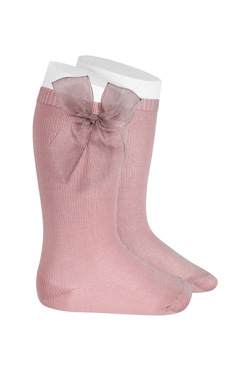 Elegant Dusky Pink Tulle Bow Knee High Socks for Women - Soft & Comfortable Fashion Socks for Cosplay, Party, Daily Wear & Outfit Styling