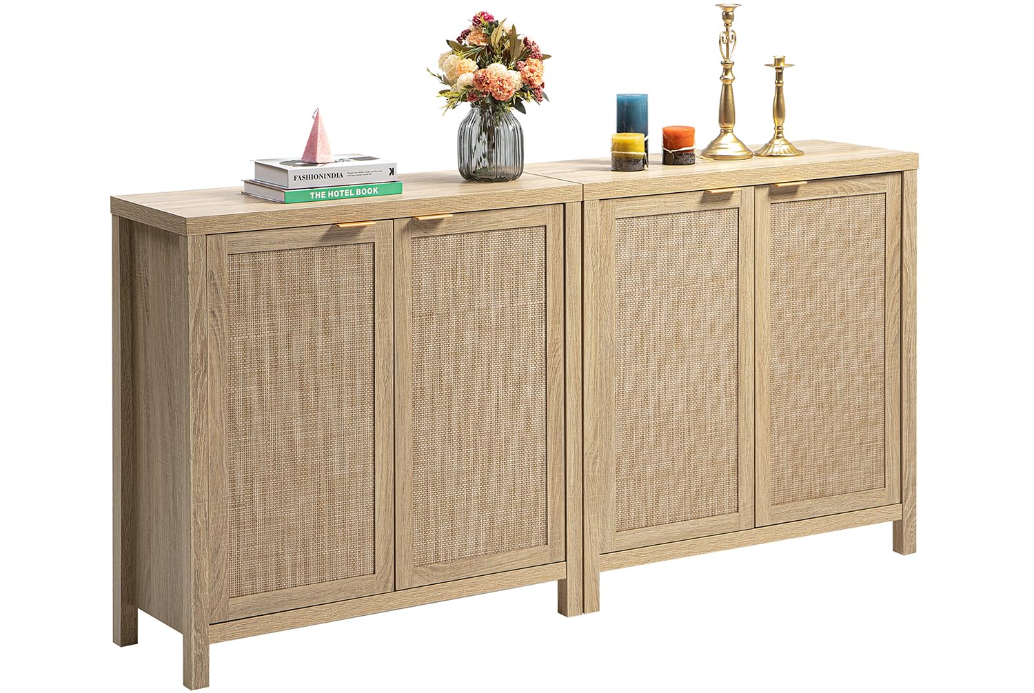 SICOTAS Rattan Sideboard Buffet Cabinet - Boho Style Large Kitchen Storage Credenza with Rattan Doors - Accent Buffet Console Table for Dining Room, Hallway or Living Room - 2 Piece Set (Natural) - Perfect for Farmhouse Decor & Open Shelf Storage