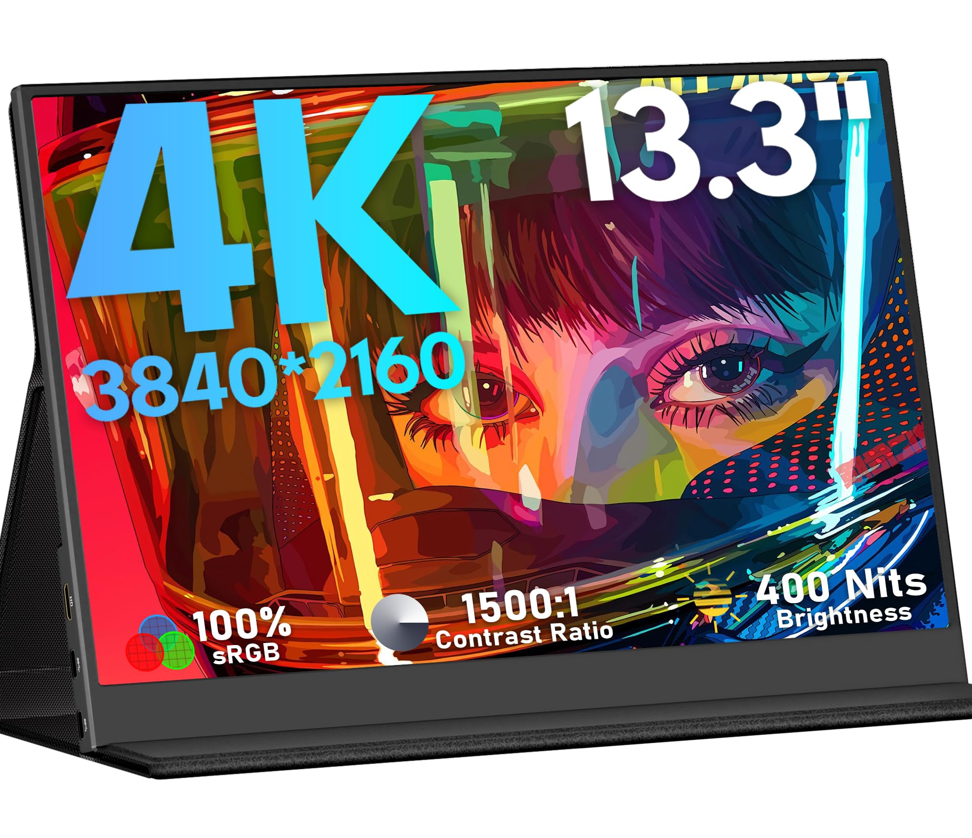4K Portable Monitor 13.3 Inch UHD 3840x2160 IPS Screen with USB-C & HDMI - 100% sRGB HDR Gaming Display with Built-in Speakers for Laptop, Xbox, PS5, Switch, PC & Mobile Devices - Perfect for Work, Travel & Home Entertainment