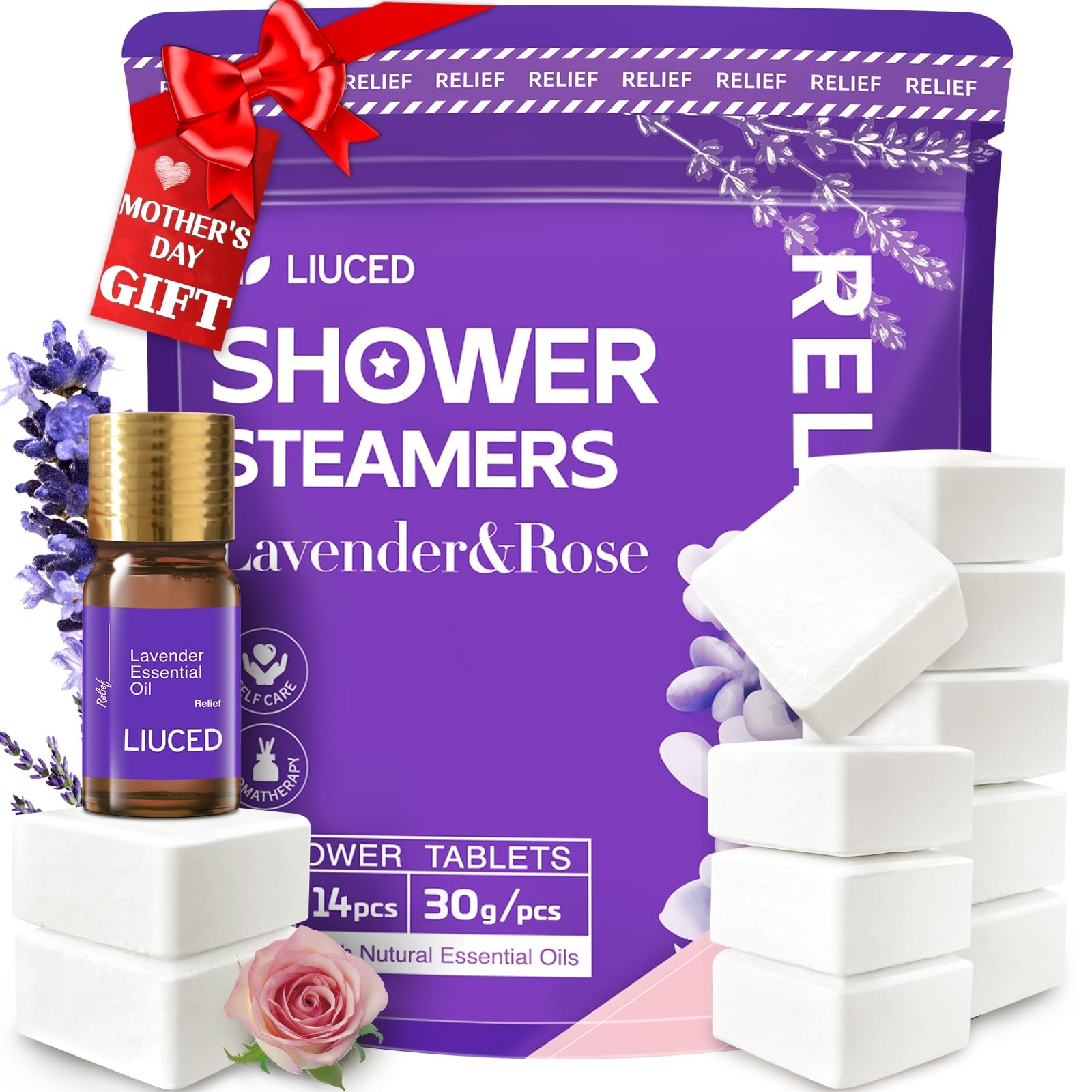Lavender & Rose Aromatherapy Shower Steamers - 14 Pack Relaxing Shower Bombs with 5ml Natural Lavender Essential Oil, Stress Relief & Self Care Gifts for Women, Perfect for Mother's Day, Birthday Gifts for Mom & Wife - Enhance Your Shower Routine for Ultimate Relaxation