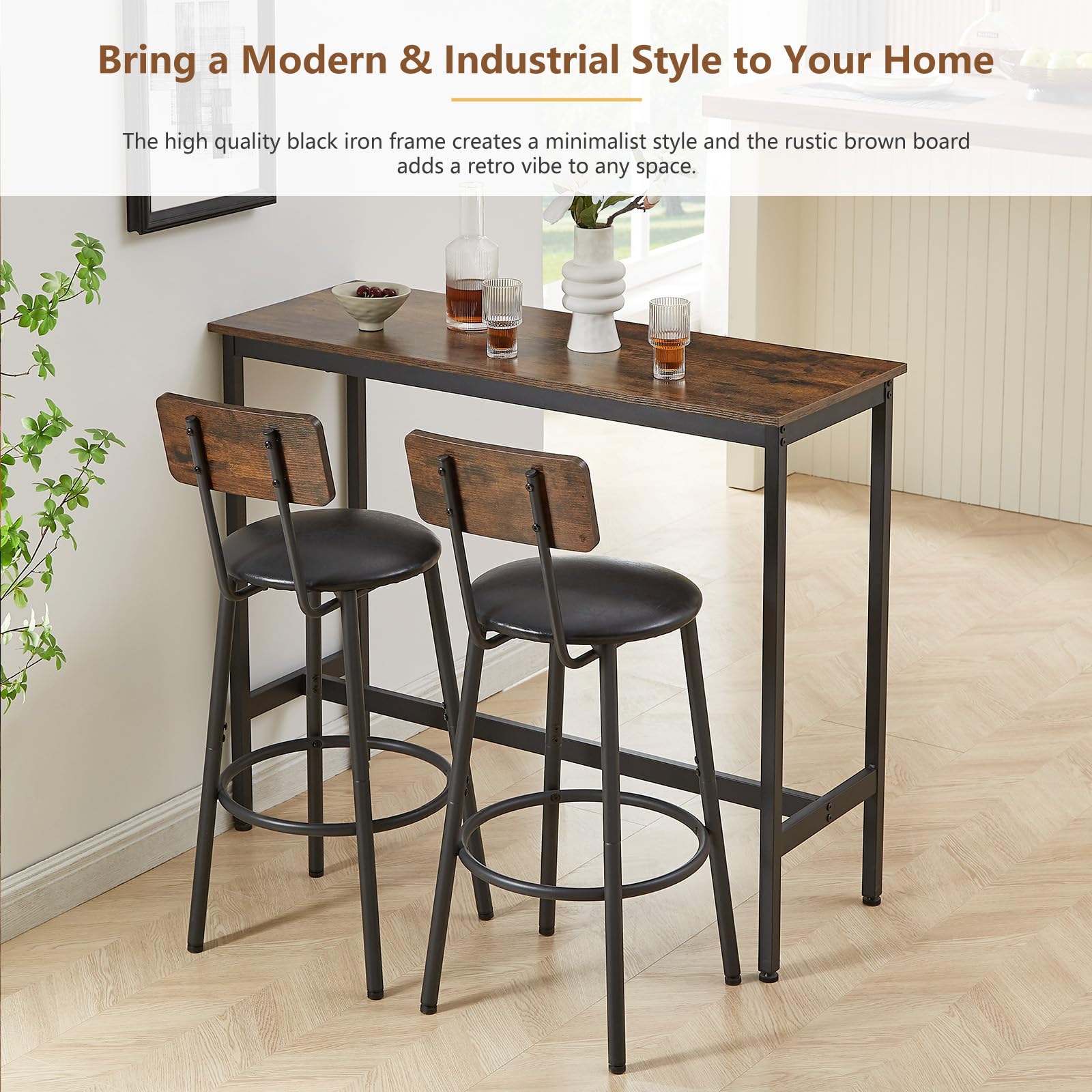 Industrial 3-Piece Bar Table Set with 2 Stools - Tatub Counter Height Small Dining Table & Chairs in Brown | Perfect for Kitchen, Breakfast Nook & Small Space Living