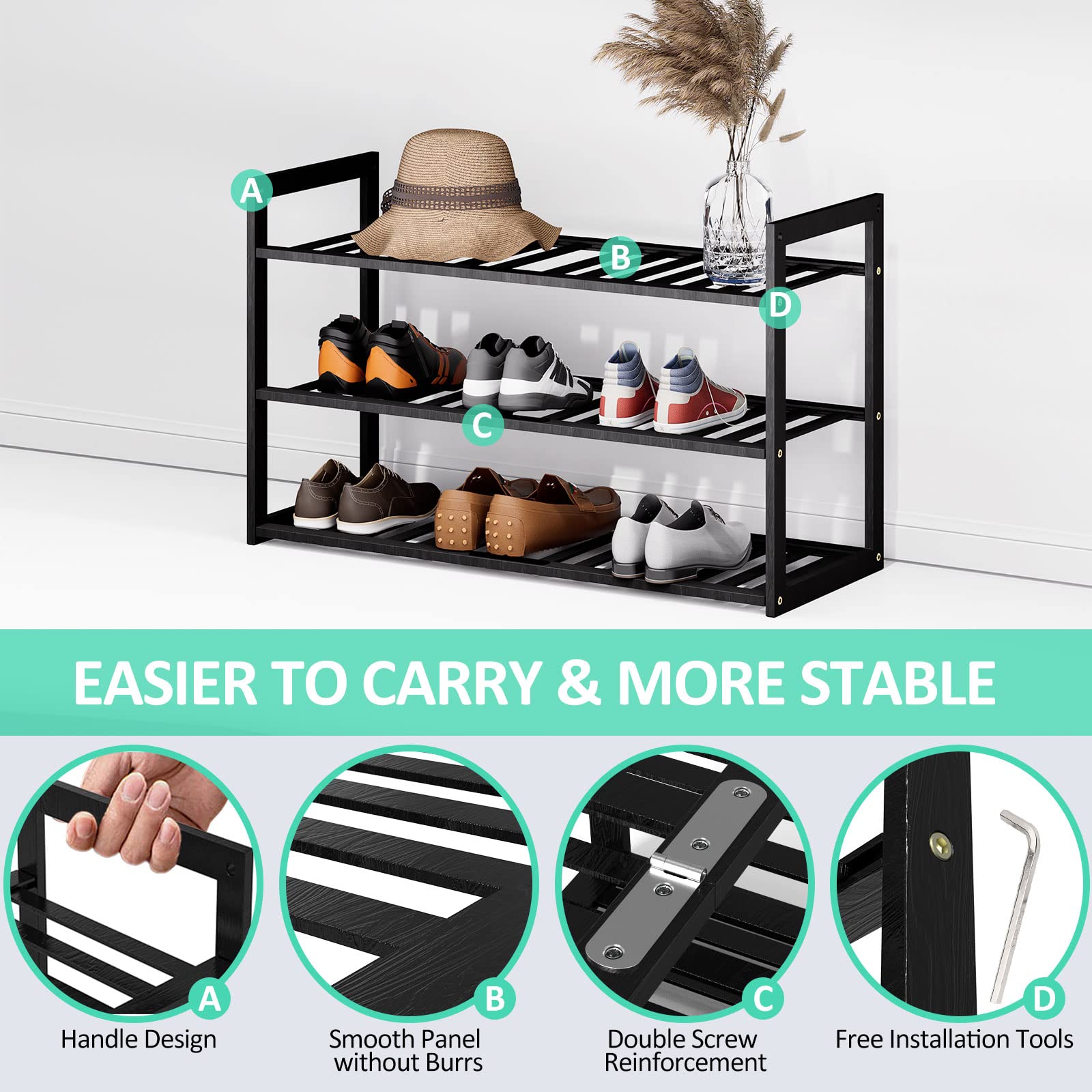 3-Tier Stackable Bamboo Shoe Rack Organizer - Holds 12-15 Pairs of Shoes for Closet, Entryway, Hallway, Bedroom & Garage - Space Saving Foldable Shoe Shelf (Black) - Perfect for Small Spaces & Shoe Storage Organization