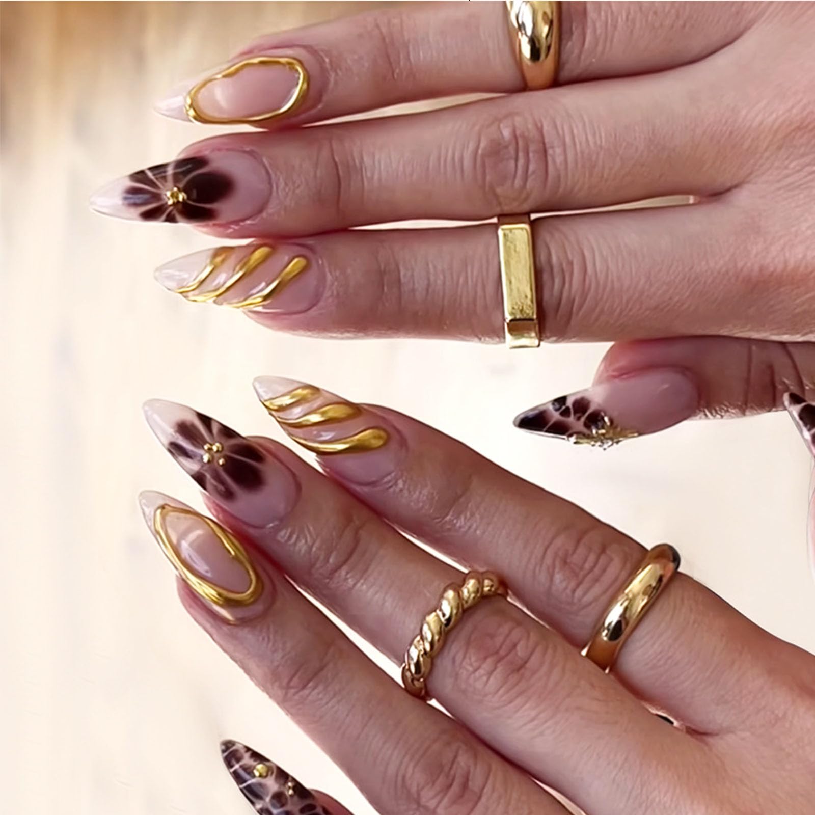 Fall Press on Nails Medium Almond Fake Nails - Brown French Tips with 3D Golden Line Designs - 24Pcs Natural Nude Full Cover Glossy Glue on Nails - Perfect for Parties, Weddings, Date Nights & Everyday Wear