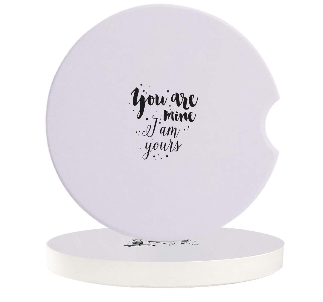 2Pcs Absorbent Ceramic Car Coasters with Cork Backing - 'You Are Mine I Am Yours' Romantic Text - Perfect Car Accessories for Drinks (2.56