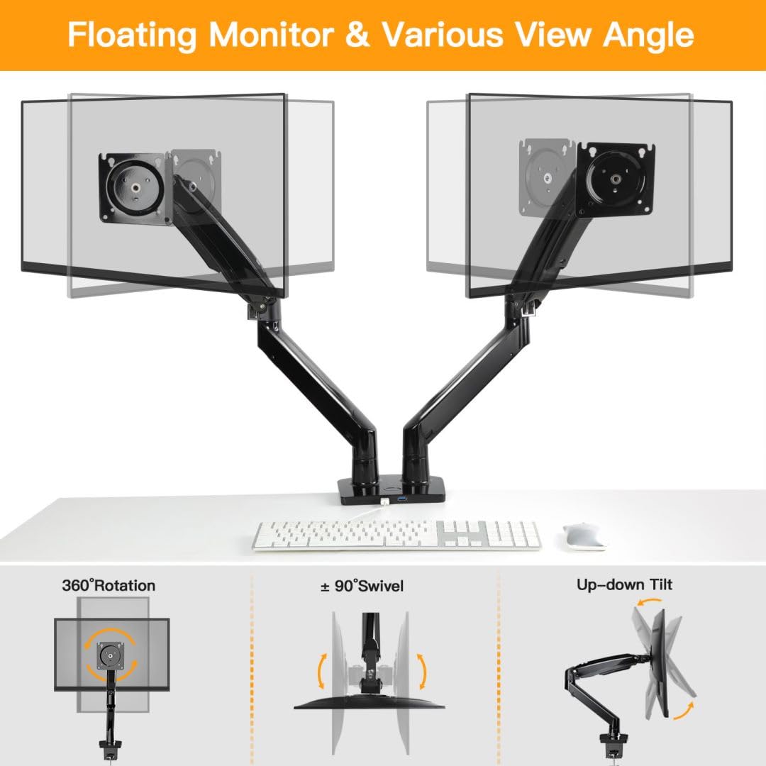 ErGear Dual Monitor Stand for 13-40 Inch Screens, Heavy Duty Adjustable Monitor Arm with USB Ports, Max 26.4lbs Capacity - VESA 75x75/100x100 (Black) - Perfect for Home Office, Gaming Setup & Workstation Ergonomics