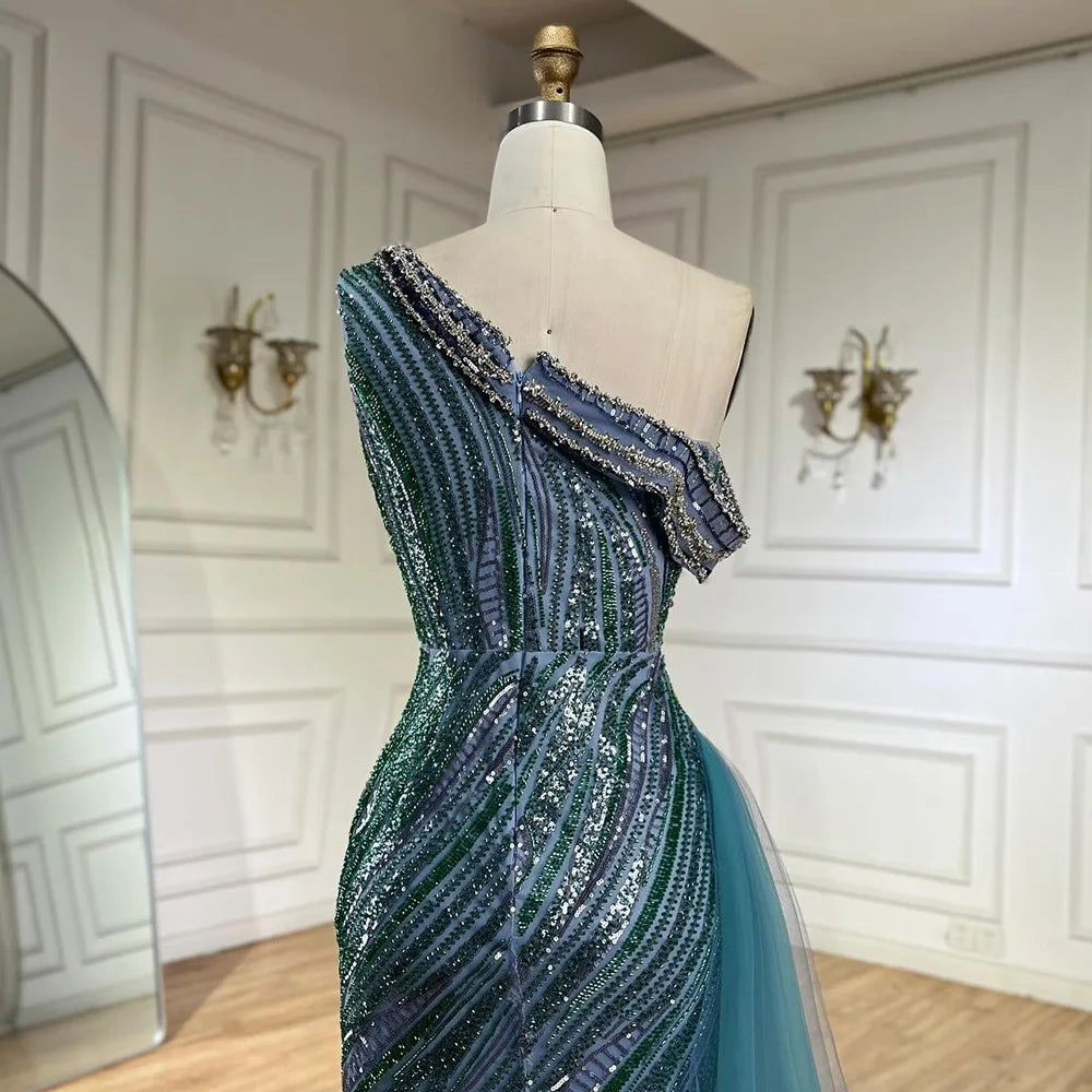 Luxury Dubai Arabic One Shoulder High Slit Blue Mermaid Gown - Beaded Saudi Evening Dress for Formal Occasions - Perfect for Weddings, Galas & Red Carpet Events LA72718