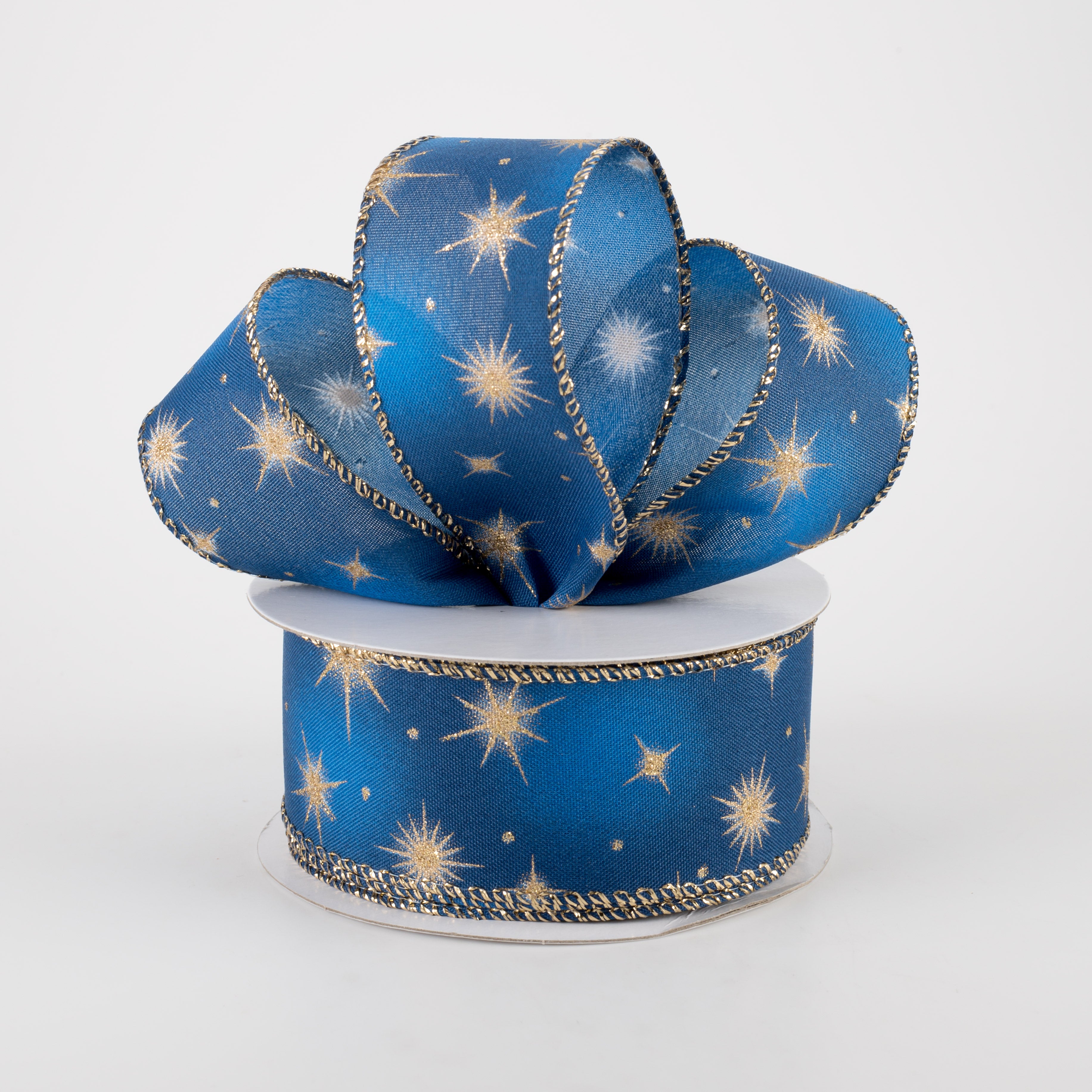 1.5 Inch Navy Blue Satin Ribbon with Gold Stars - 10 Yards Bulk Spool for Gift Wrapping, DIY Crafts, Party Decorations, and Hair Bows