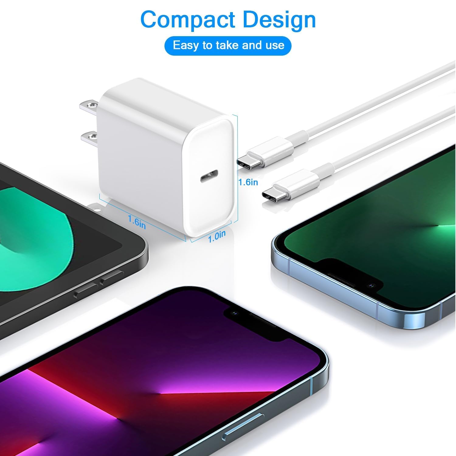 2-Pack 60W USB-C to USB-C Fast Charging Cable (10FT) & 20W USB-C Wall Charger - Compatible with iPhone 16/15 Series, iPad Pro/Air - Quick Charge for Travel, Home & Office Use