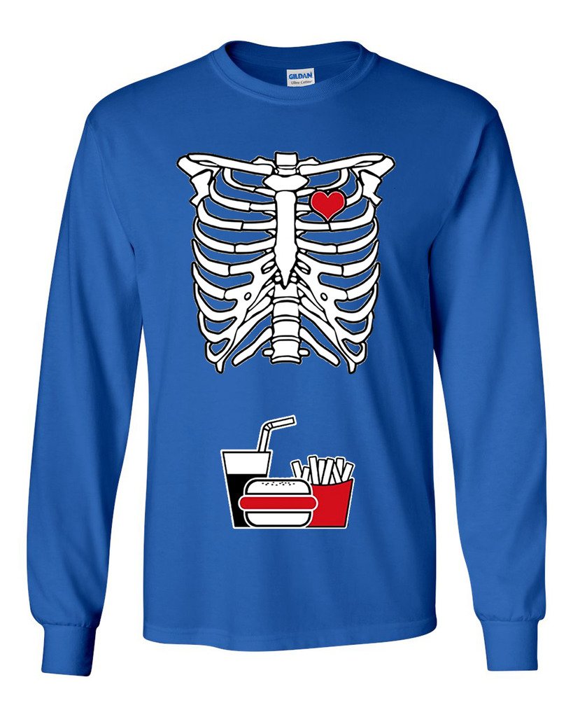 Funny Skeleton Junk Food Print Long Sleeve T-Shirt for Adults - Burger Fries Soft Drinks Snack Design - Perfect for Halloween Costumes, Casual Wear & Graphic Tee Lovers