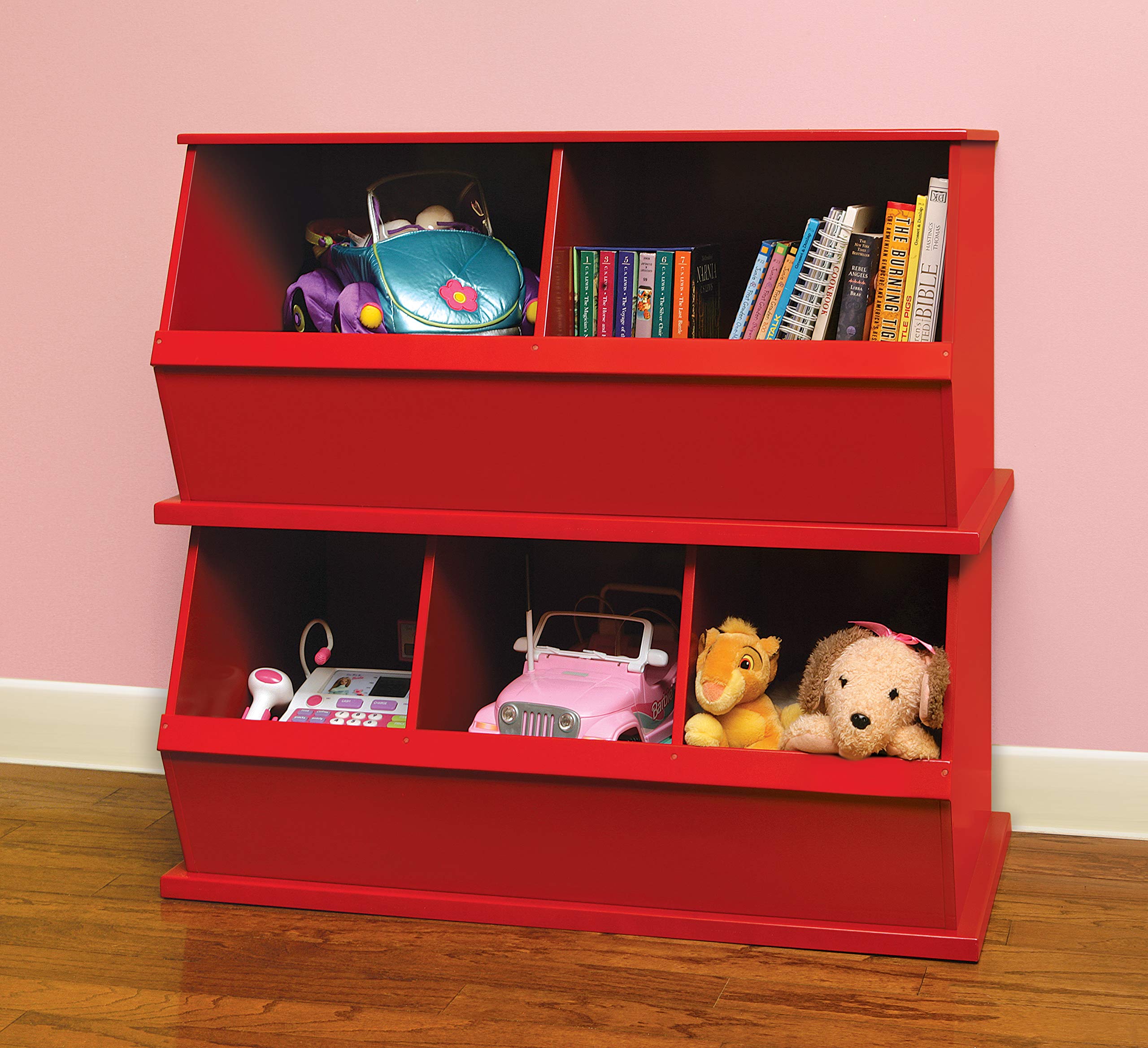 Badger Basket Two Bin Stackable Toy Storage Organizer for Kids Room - Red | Perfect for Playroom, Nursery & Bedroom Organization