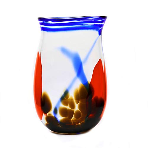 European Art Glass Veronique Vase - Clear with Blue & Orange Accents - Elegant Home Decor for Living Room, Dining Table & Wedding Centerpieces