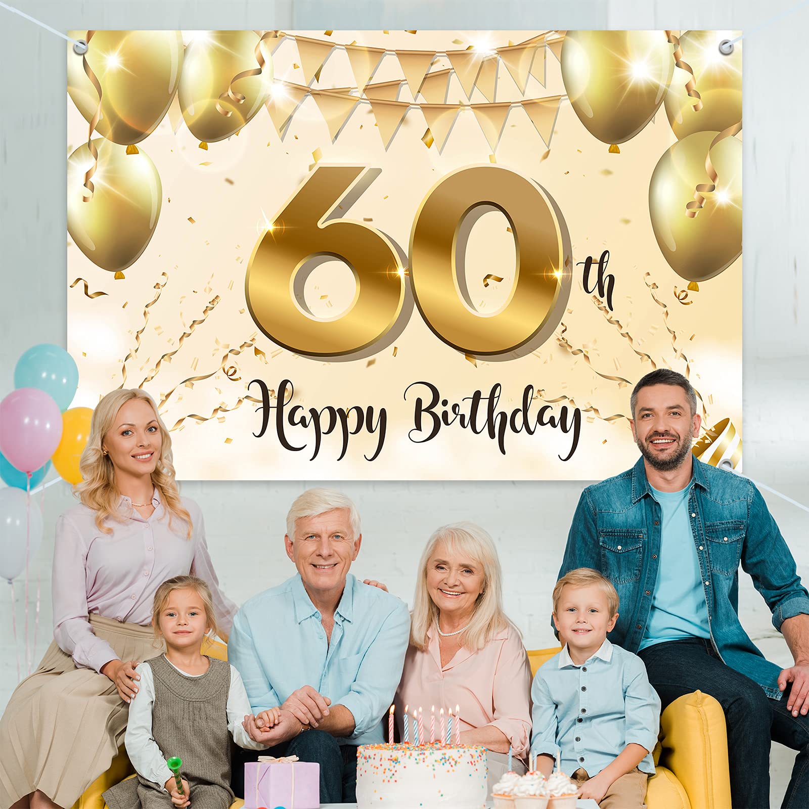 Happy 60th Birthday Banner Backdrop - 6x4ft White Gold 60th Birthday Party Decorations for Women - Perfect for Milestone Celebrations, Retirement Parties & Anniversary Events