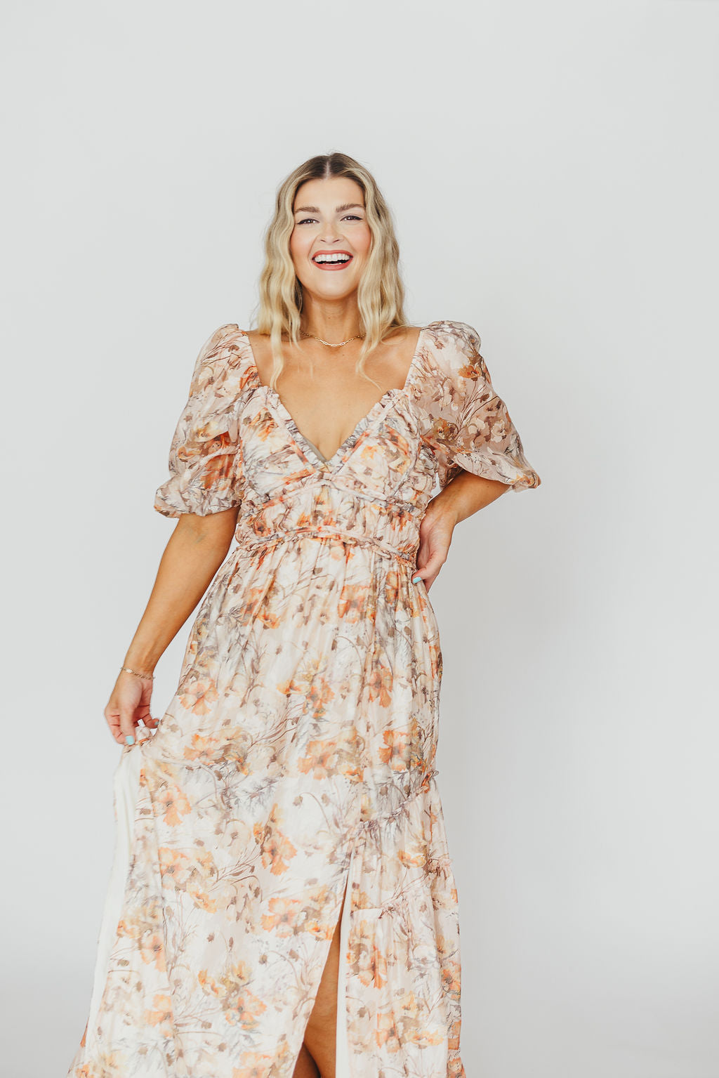 Bump Friendly Daphne Maxi Dress in Beige Multi - Inclusive Sizing S to 3XL for Maternity, Plus Size & Casual Wear