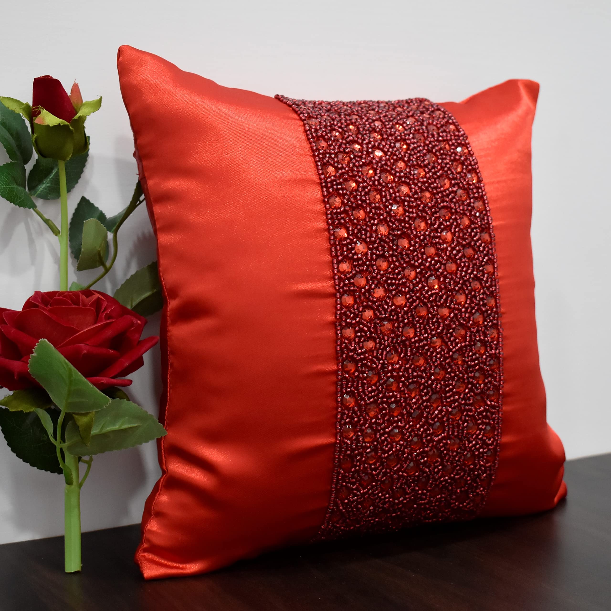 Luxury Handmade Beaded Pillow Cover - Red Embroidered Decorative Throw Pillow with Crystal Embellishments, Contemporary Modern Design, Custom Personalized (22x22 Inches) - Perfect for Sofa, Bed, Couch & Home Decor