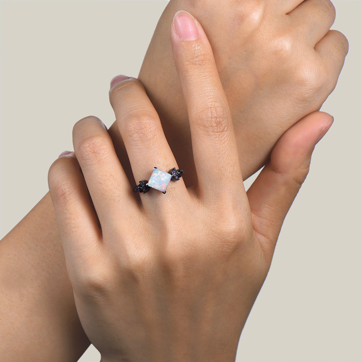 Princess Cut Opal Engagement Ring in Black Gold with Moon & Star Amethyst Sandstone Accents - Perfect for Wedding Proposals, Anniversary Gifts & Romantic Occasions