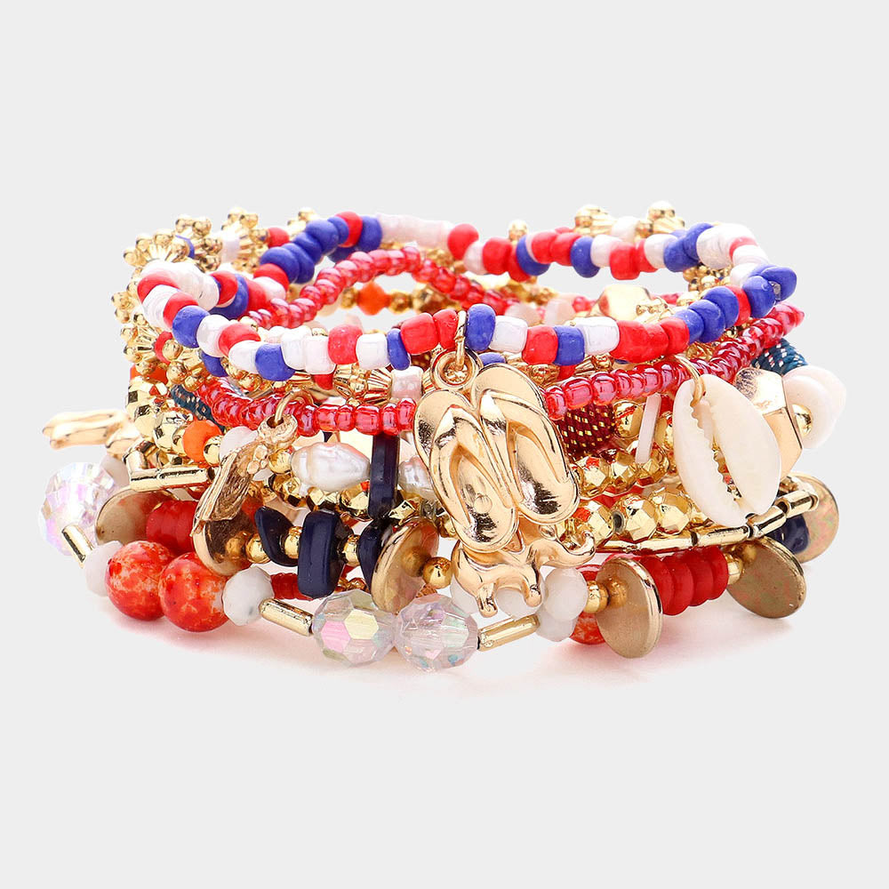 10PCS Puka Shell & Metal Bow Elephant Charm Beaded Stretch Bracelet Set - Boho Layered Beaded Bracelets for Women, Beach Vacation, Summer Festival Jewelry