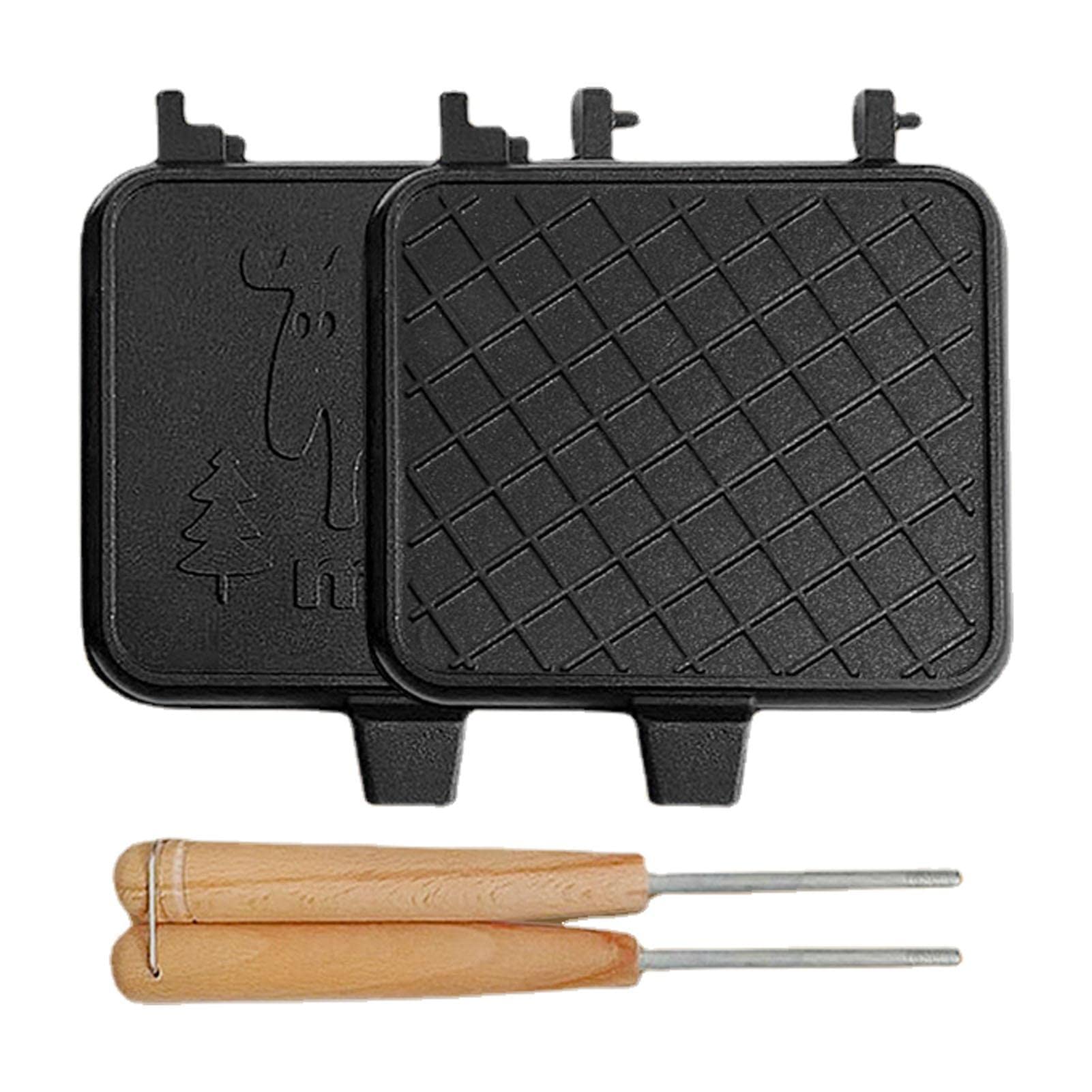 **Double Sided Frying Pan & Sandwich Maker - Portable Removable Non-Stick Grill with Wooden Handle - Perfect for English Muffins, Croissants, Waffles - Ideal for Camping, Picnics & Quick Breakfasts**