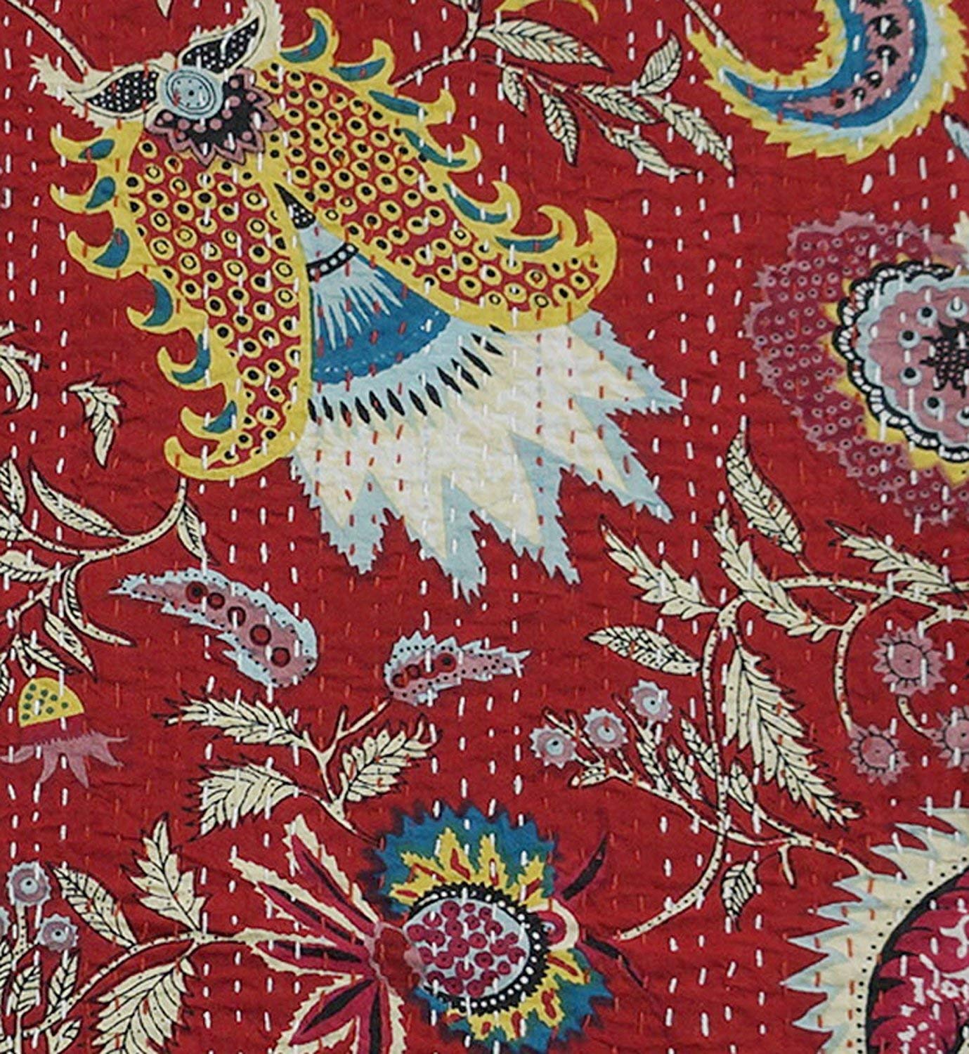 Handmade Traditional Mukut Screen Print Kantha Quilt - Pure Cotton Queen Size Blanket, Bedspread & Throw for Cozy Home Decor, Boho Bedroom Style & Gift Giving