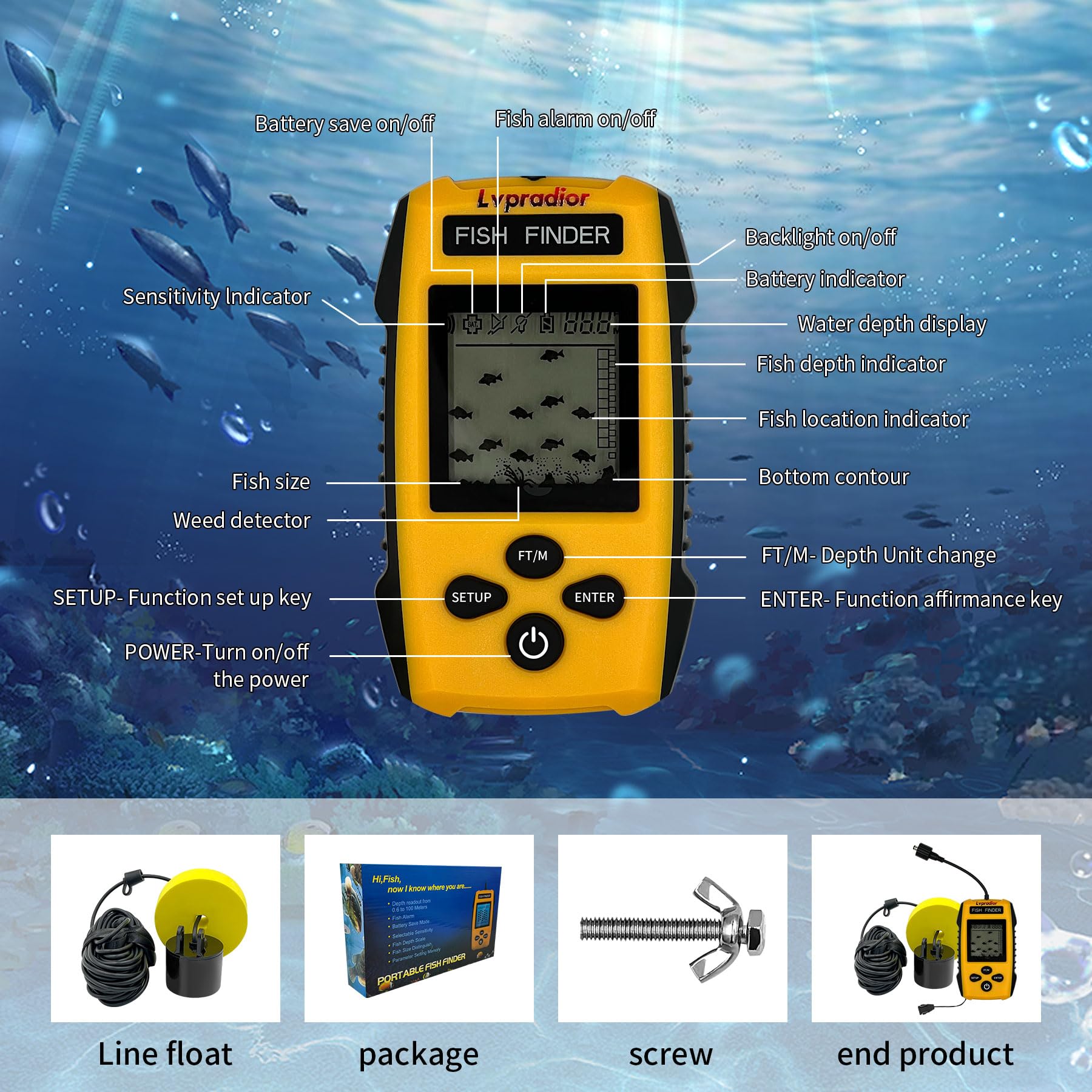 Lvpradior Portable Fish Finder with Sonar & LCD Display - Wired Castable Kayak & Boat Fish Finder, Ice Fishing Gear Accessories, Handheld Water Depth Detector for Kayaking, Boating, and Ice Fishing Adventures