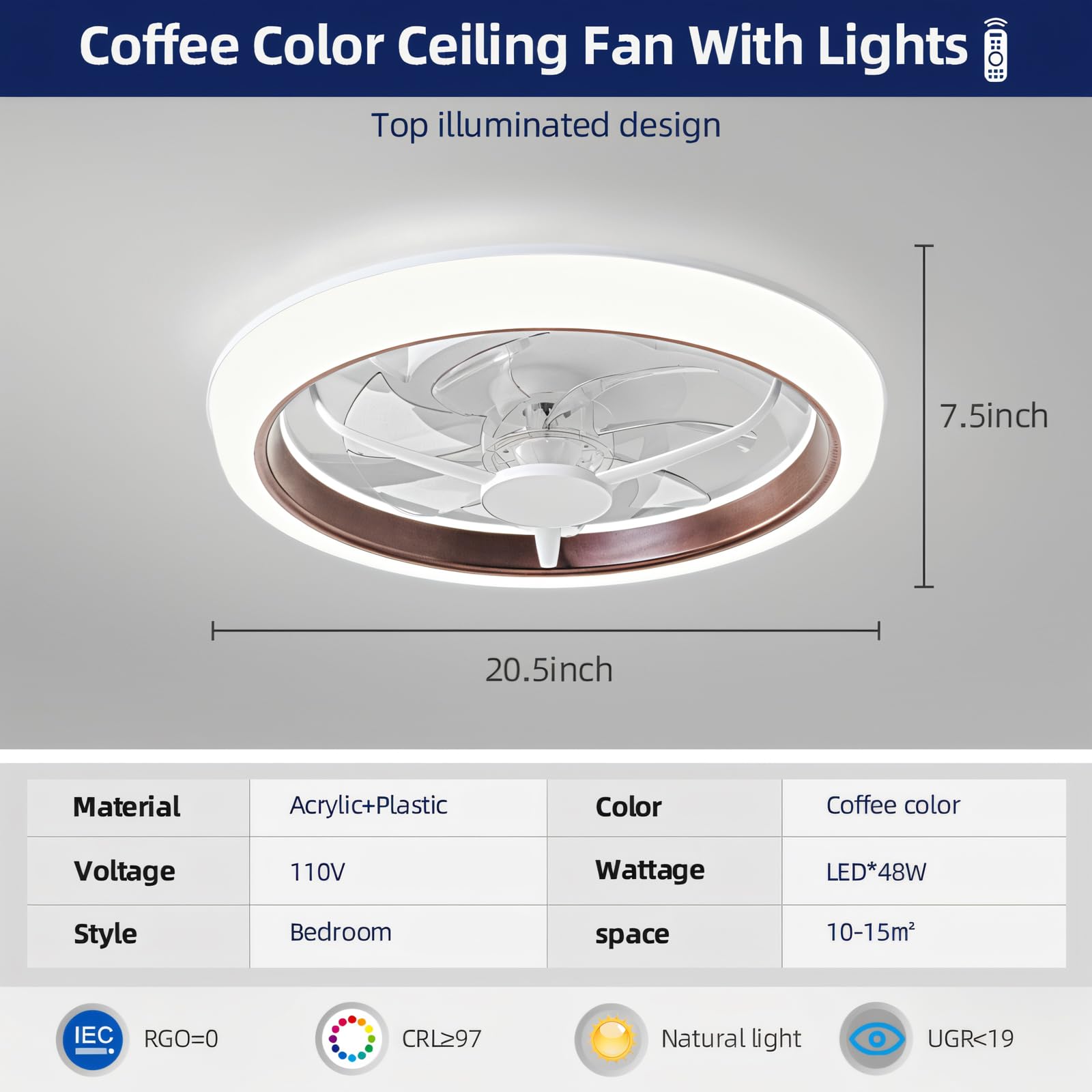 19.2 Inch DC Motor Ceiling Fan with LED Light, 110V 36W Energy Efficient - Perfect for Bedroom, Living Room, and Home Office Cooling & Lighting