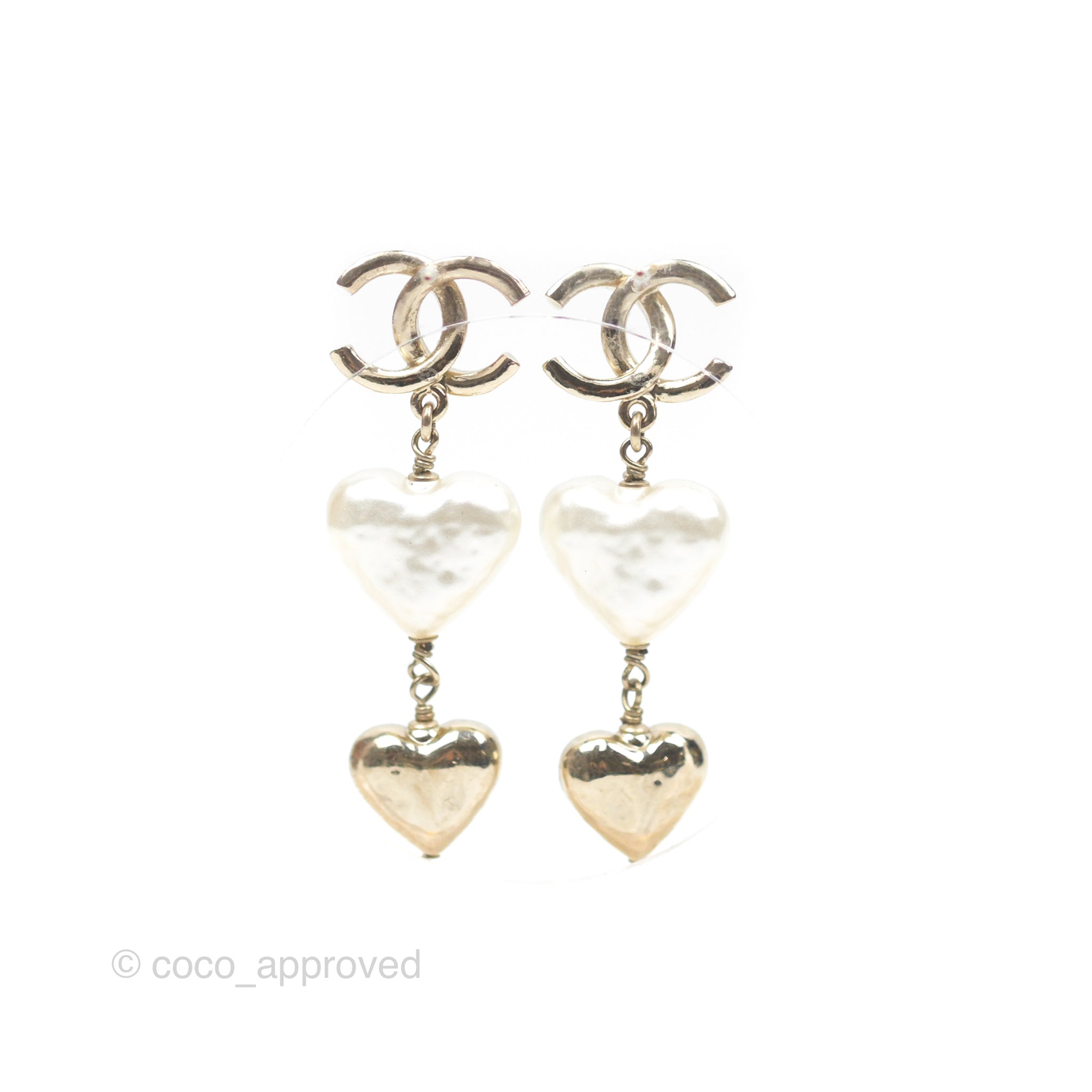 Chanel CC Pearl Heart Drop Earrings for Women - Gold Tone Fashion Jewelry 22C Collection | Perfect for Weddings, Parties & Special Occasions