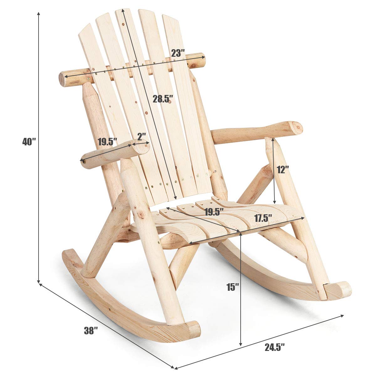 Giantex Solid Wood Adirondack Rocking Chair - Outdoor Patio Rocker with Slatted Seat & Backrest - Natural Wood Porch Swing for Garden, Balcony, Poolside & Backyard - Perfect for Relaxing, Reading & Enjoying Nature