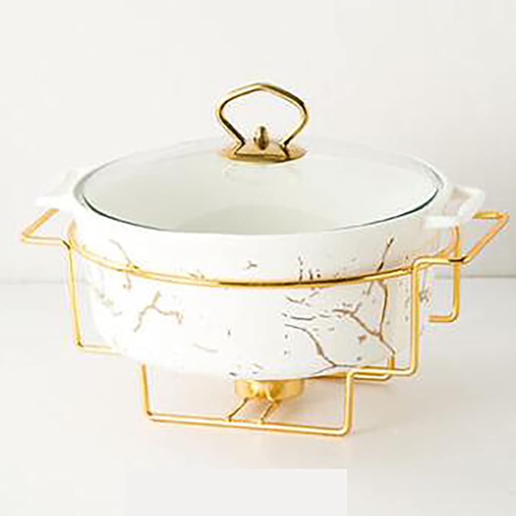 2 Quart Round Chafing Dish Set - Ceramic Marble Finish with Glass Lid for Weddings & Buffets