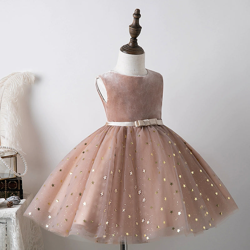 Champagne Princess Round Tea Length Tulle Flower Girl Dress for Weddings, Birthday Parties & Special Occasions