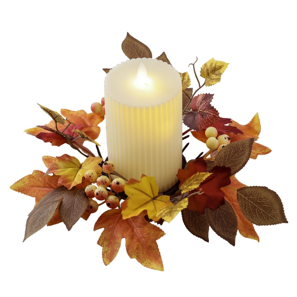 2 Pcs Artificial Maple Leaves Candle Rings with Orange Pip Berries - 3 Inch Center Wreath for Thanksgiving & Fall Decor - Perfect for Pillar Candles, Table Centerpieces, and Harvest Home Decor