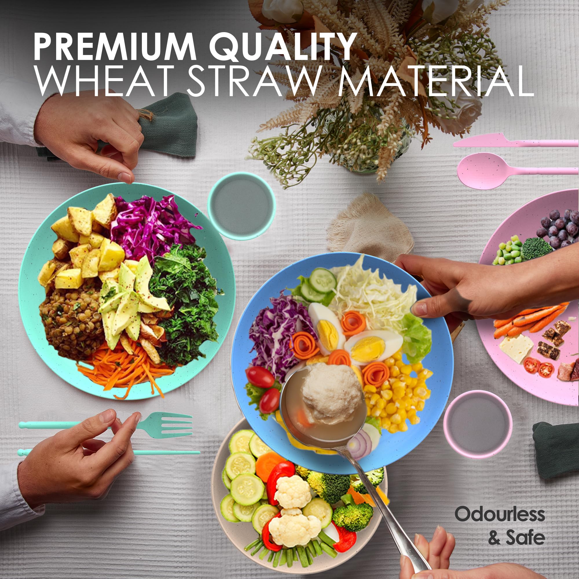 Eco-Friendly Wheat Straw Dinnerware Set for 4 - BPA-Free, Dishwasher & Microwave Safe Plates - Unbreakable, Lightweight Reusable Dishes - Perfect for Camping, RV Travel, Picnics & Everyday Use